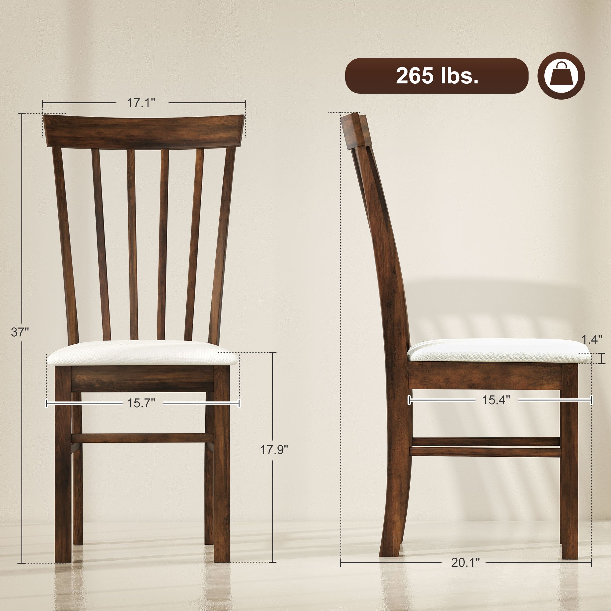 Wooden Dining Chairs Set of 4, Farmhouse Upholstered Kitchen Chairs with Rubber Wood Frame, Dark Brown and Beige