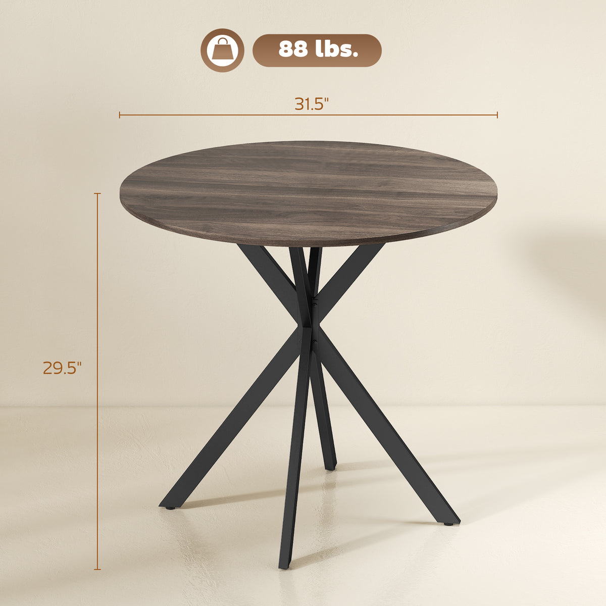 31.5" Small Round Dining Table for 2, Industrial Kitchen Table with Cross Steel Legs for Dining Room, Distressed Brown