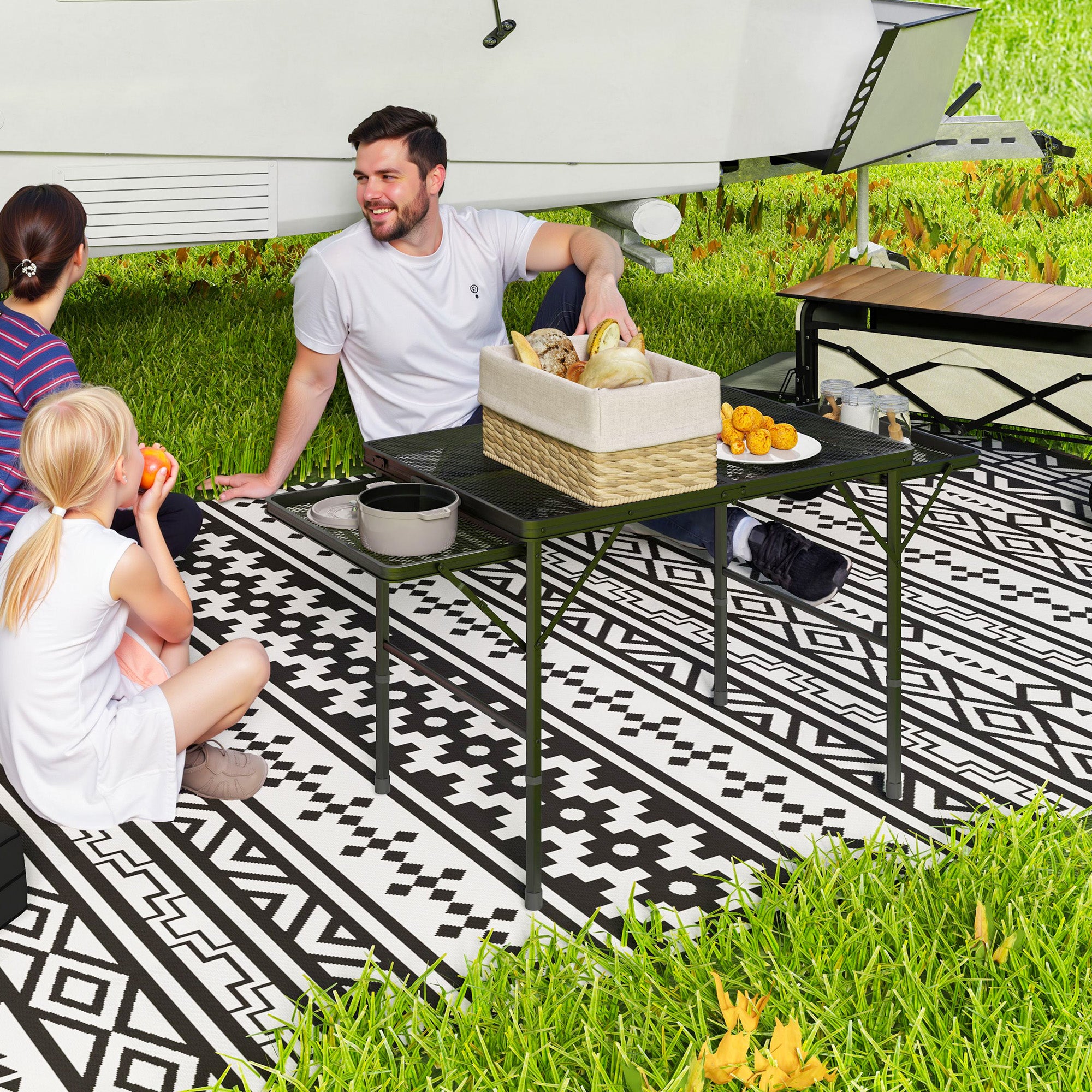 Folding Camping Table, 4.5ft Portable Table with 2 Wing Panels, Height Adjustable Metal Picnic Table