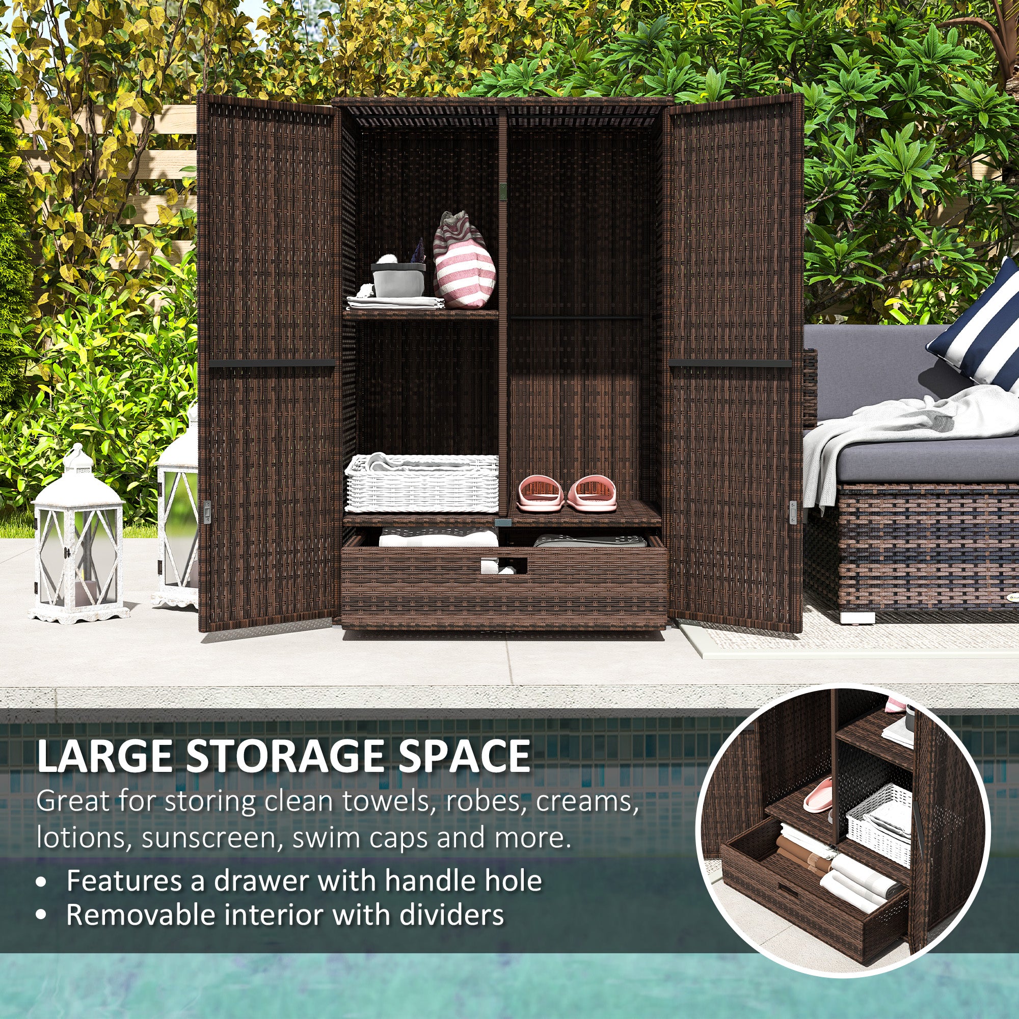 Outdoor Storage Cabinet with Shelves, Rattan Pool Towel Storage Cabinet with Removable Shelf & Drawer, Mixed Brown - Brown - Image 4
