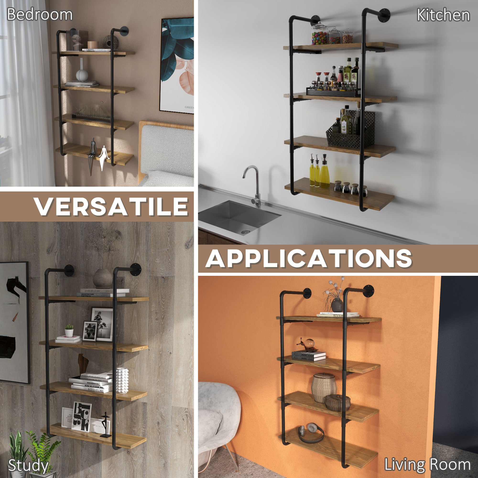 4-Tier Industrial Pipe Shelves Floating Wall Mounted Bookshelf, Metal Frame Display Rack, 1" Thickness Shelving Unit for Farmhouse, Kitchen, Bar, Rustic Brown