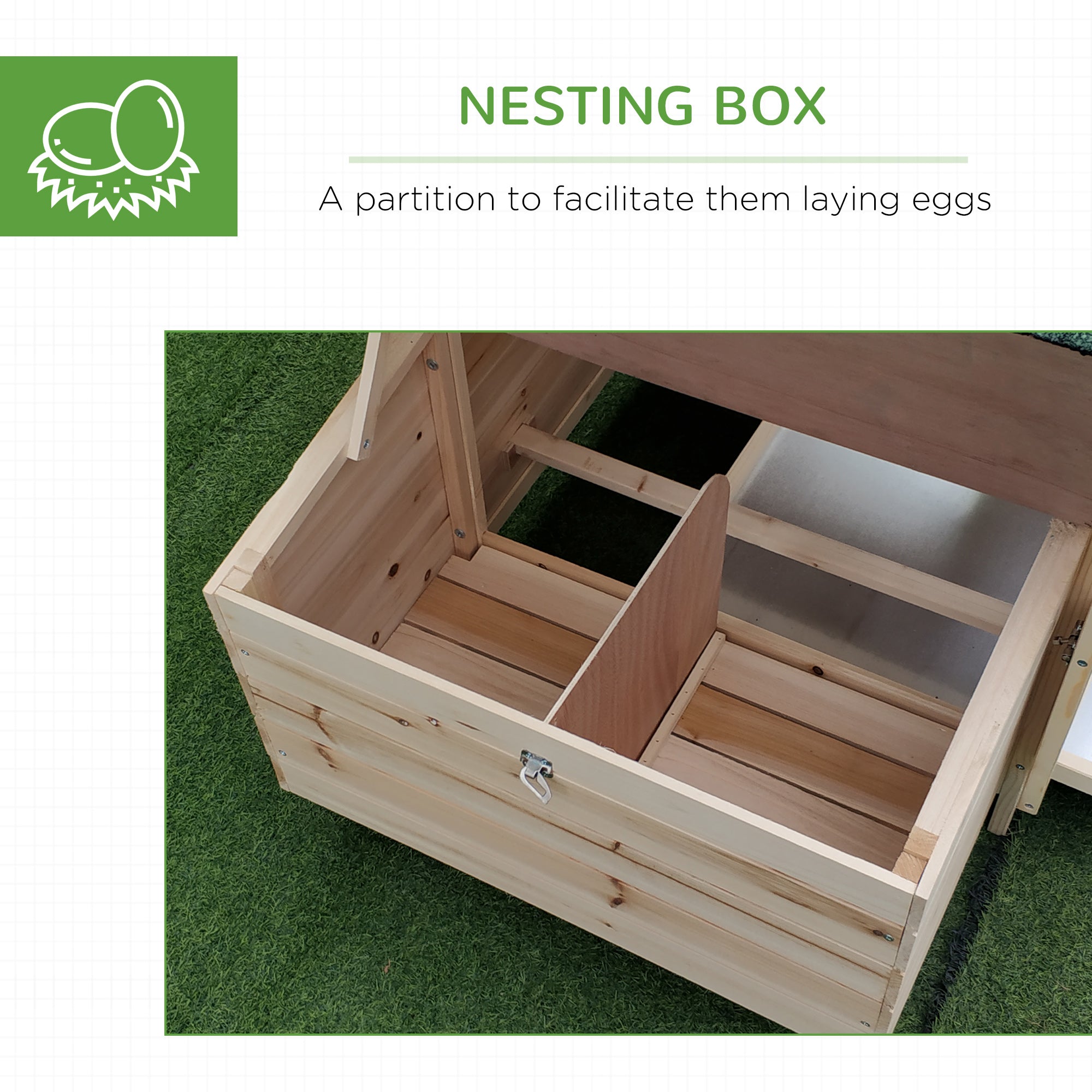 77" Wooden Chicken Coop with Nesting Box, Cute Outdoor Hen House with Removable Tray, Ramp Run, for Garden Backyard, Natural - Natural Wood - Image 6