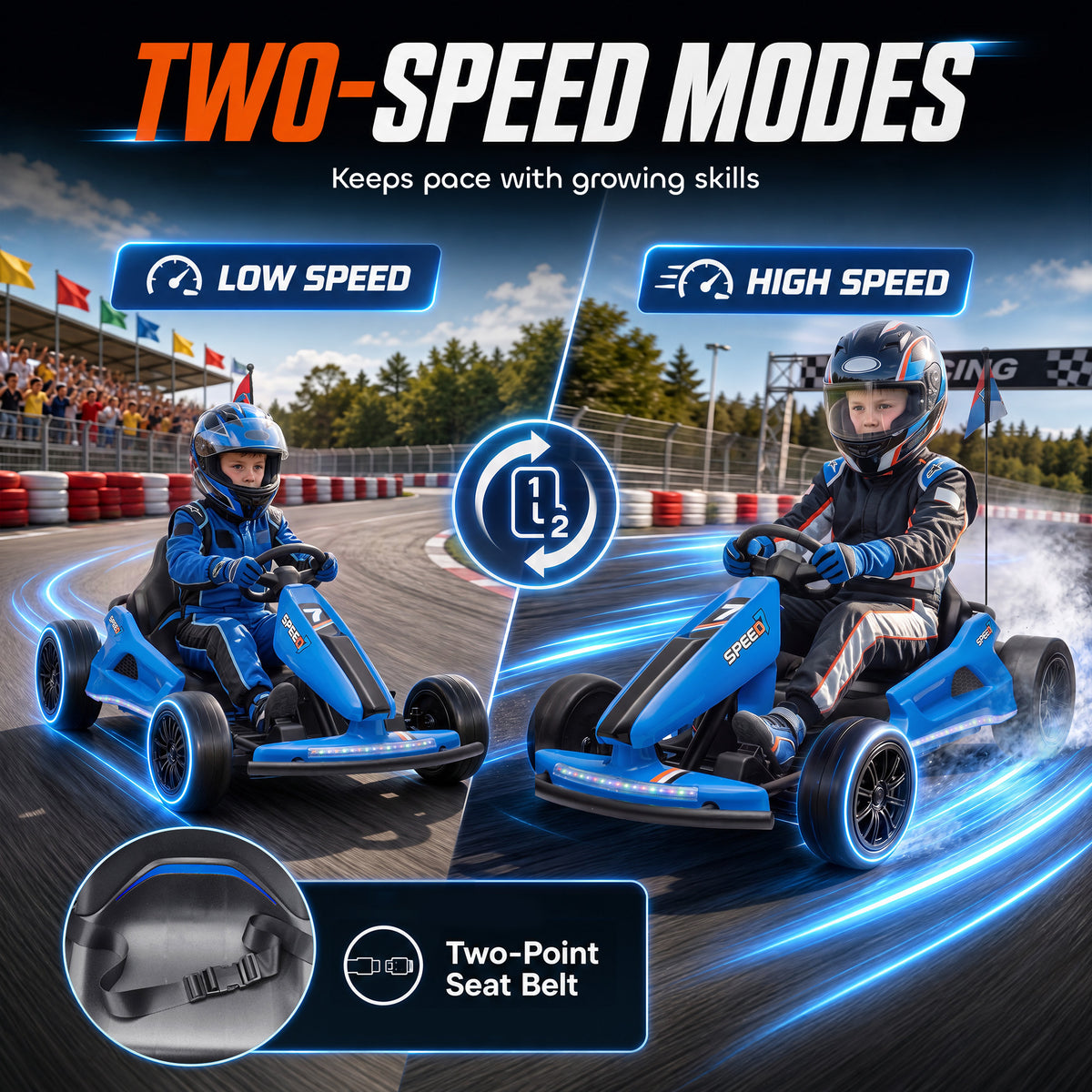 24V Electric Drift Go Kart for Kids with Dual Motors, Soft Start, PU Wheels, 7.5MPH High Speed, for Ages 6-14, Blue