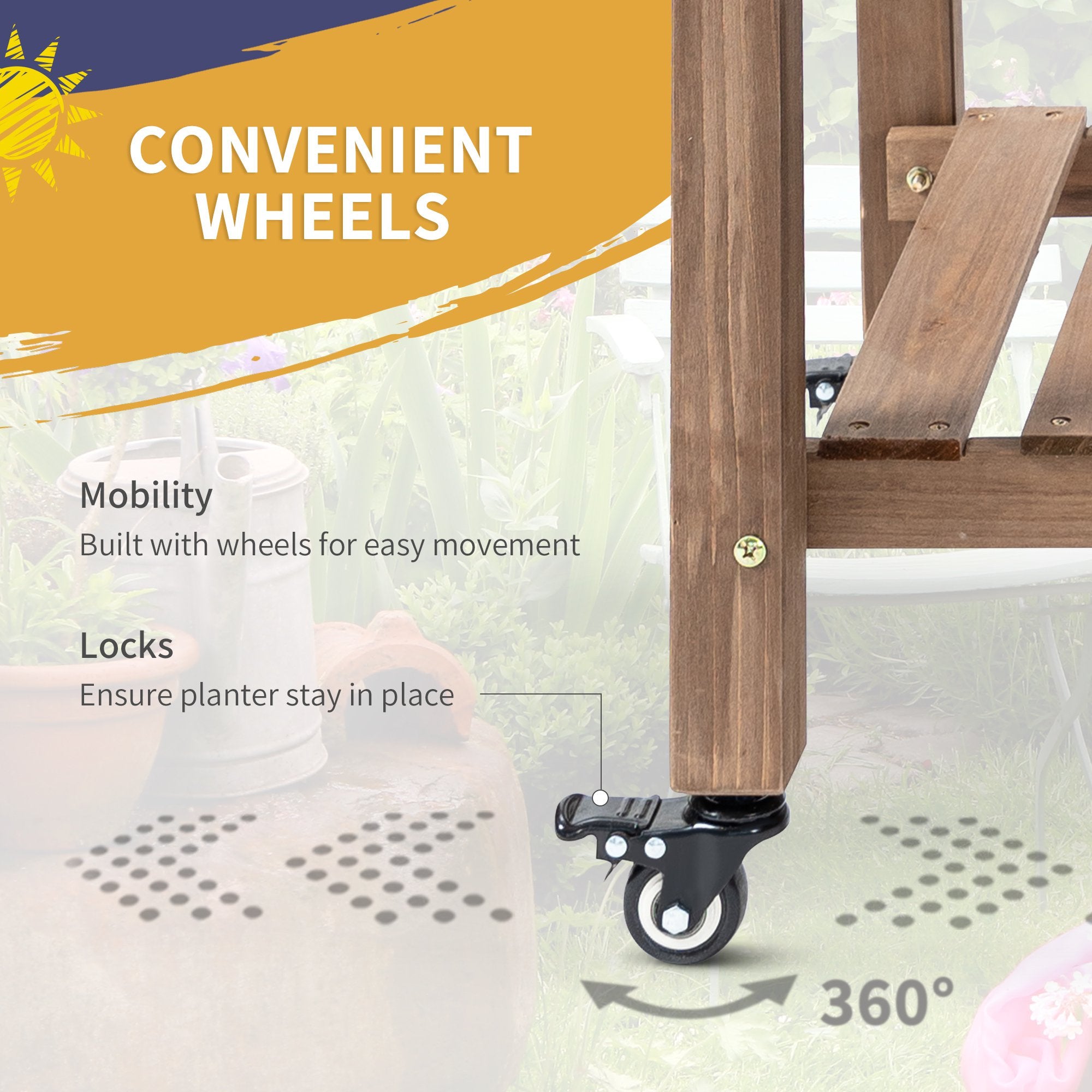 Wooden Garden Box, 34.25H with 8 Pockets and Lockable Wheels, Foldable Side Clapboard, Elevated and Self-Draining Design, to Grow Herbs, Vegetables, and Flowers, Brown - Brown - Image 5