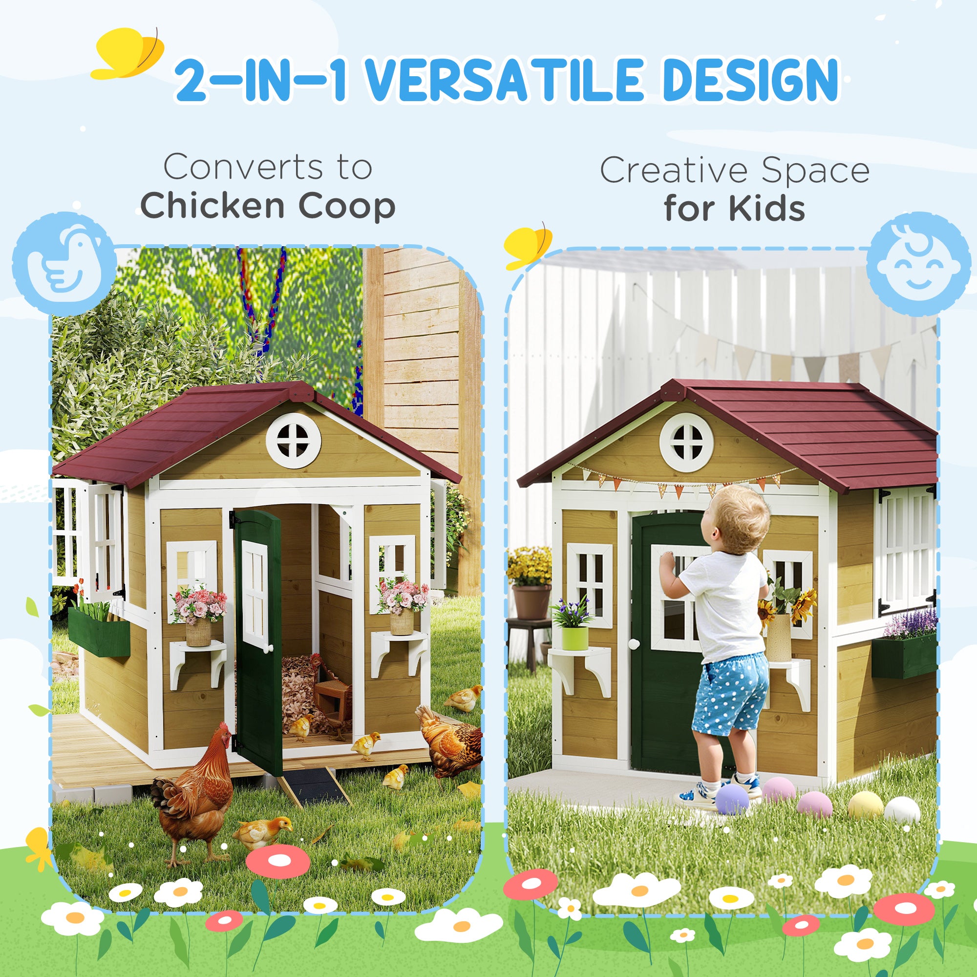 Wooden Playhouse for Kids Outdoor with Doors, Windows, Planter Pots and Boxes for Toddlers 3-8 Years, Beige
