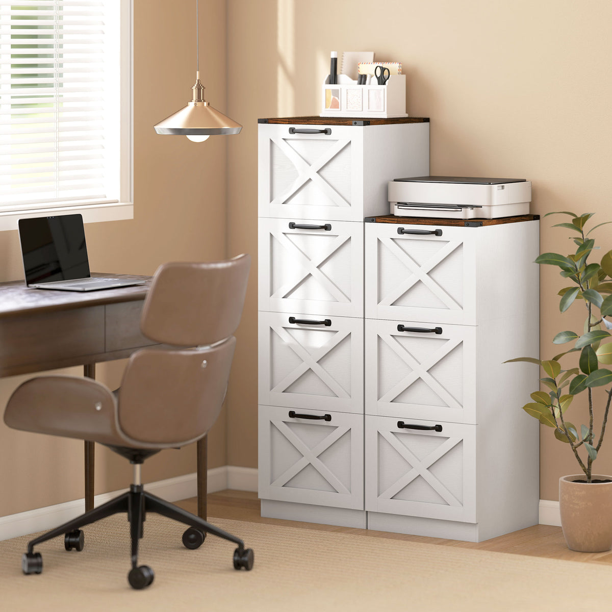 Vertical Storage Drawers Farmhouse X Pattern Printer Stand Fits Letter Files 4 Drawers White