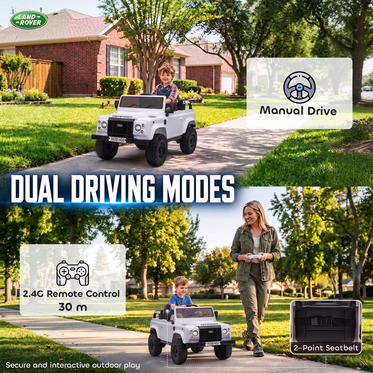 12V Electric Car for Kids 3+ Years, Licensed Land Rover Defender Toddler Ride on Car w/ Remote Control, White