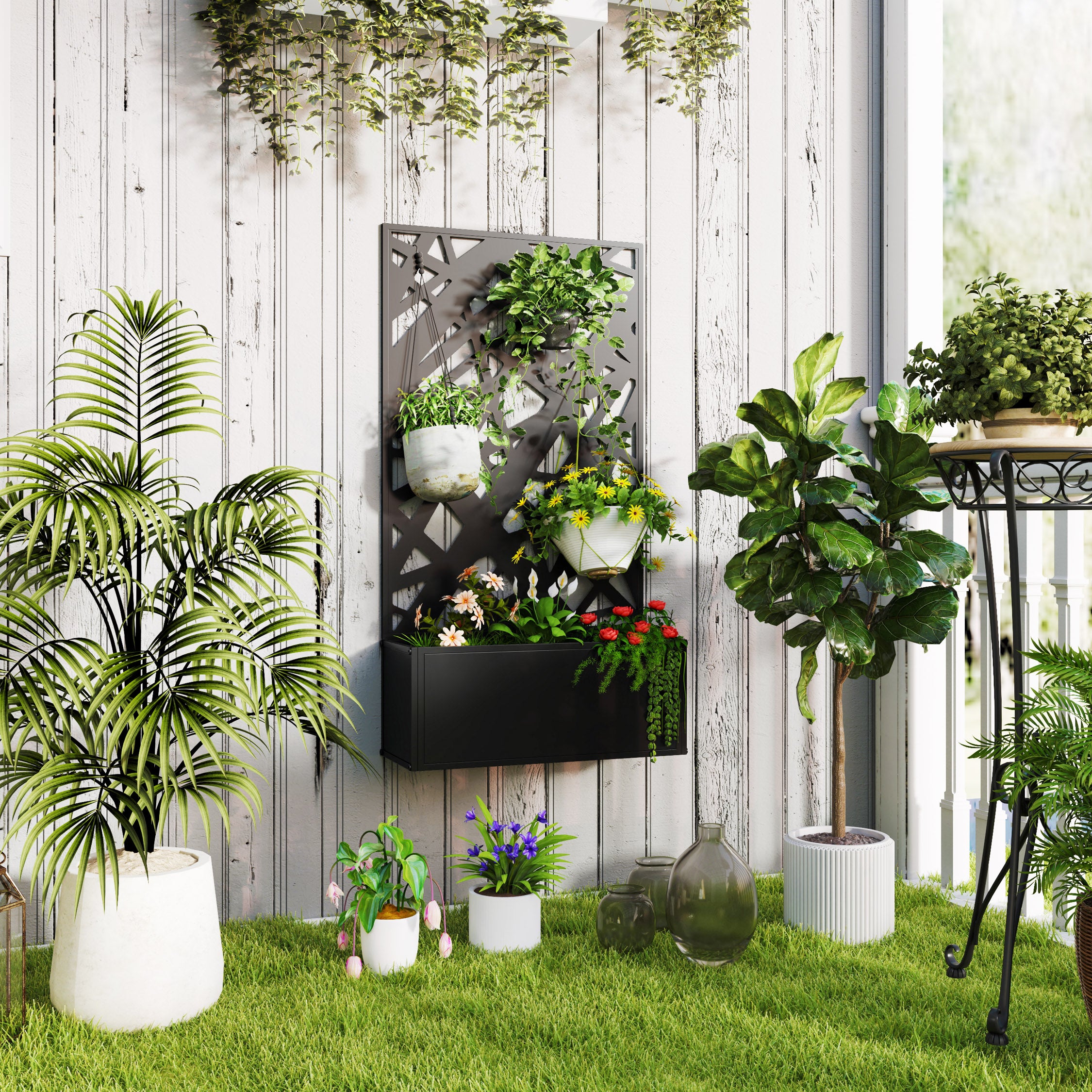 Metal Planter Box Raised Garden Bed with Decorative Privacy Screen, Wall-mounted or Freestanding, 24" x 9.1" x 44.5" - Black - Image 2