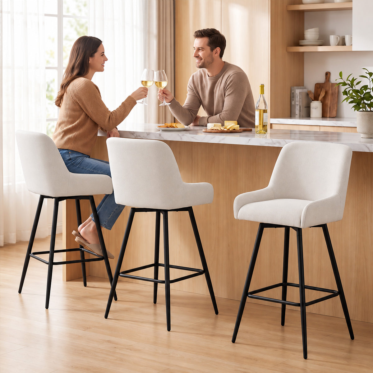Kitchen Island Chairs Counter Height Bar Stools with Swivel Linen Seat and Footrest, Cream White