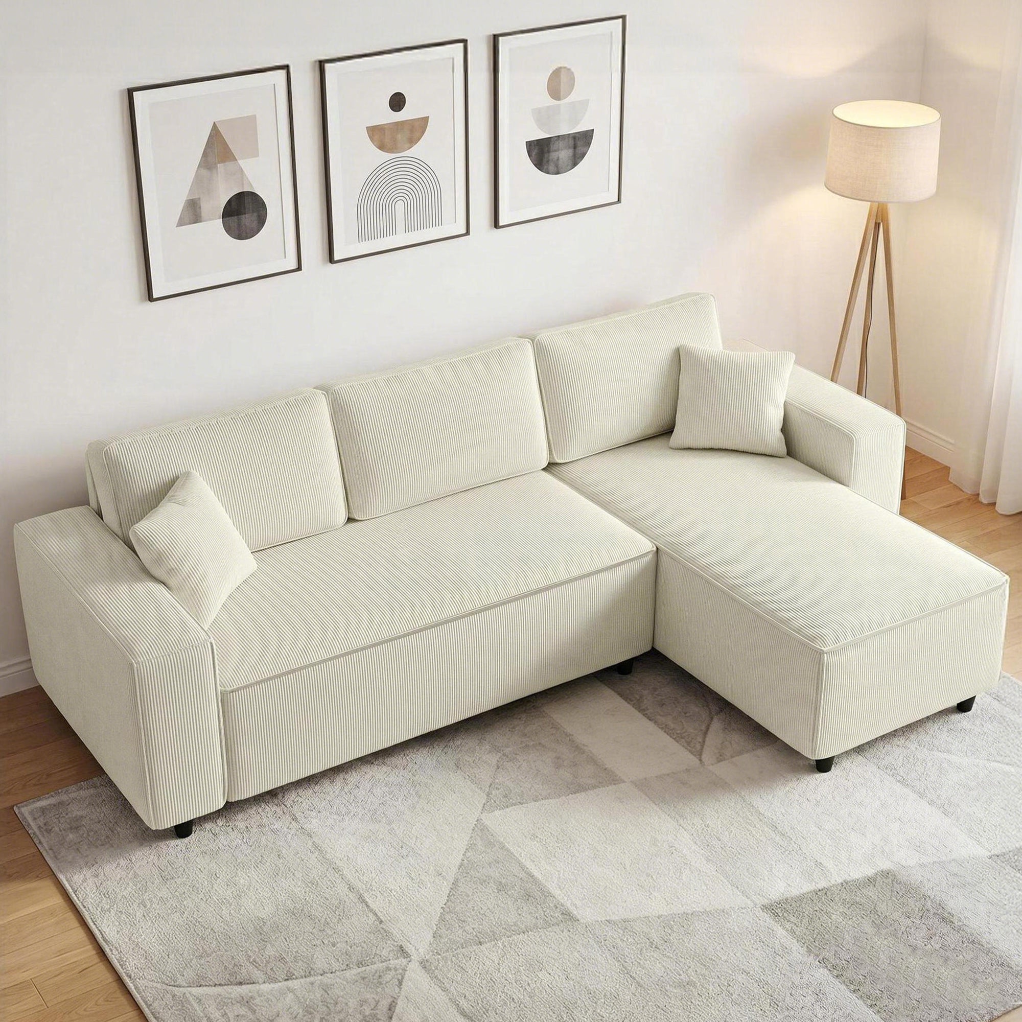 Corner Sofa with Reversible Chaise Lounge, Corduroy L-Shaped Sectional Sofa with Pocket Spring, Cream White