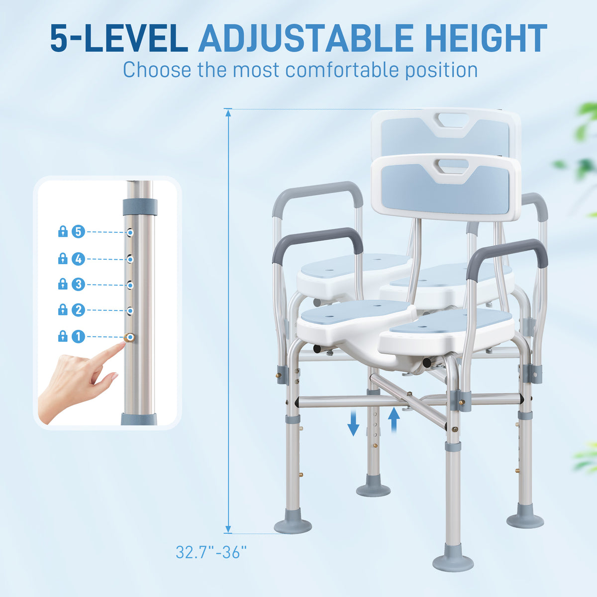 Bath Seat with Adjustable Height, Anti-slip, HDPE Padded Shower Chair with Arms and Back, Light Blue