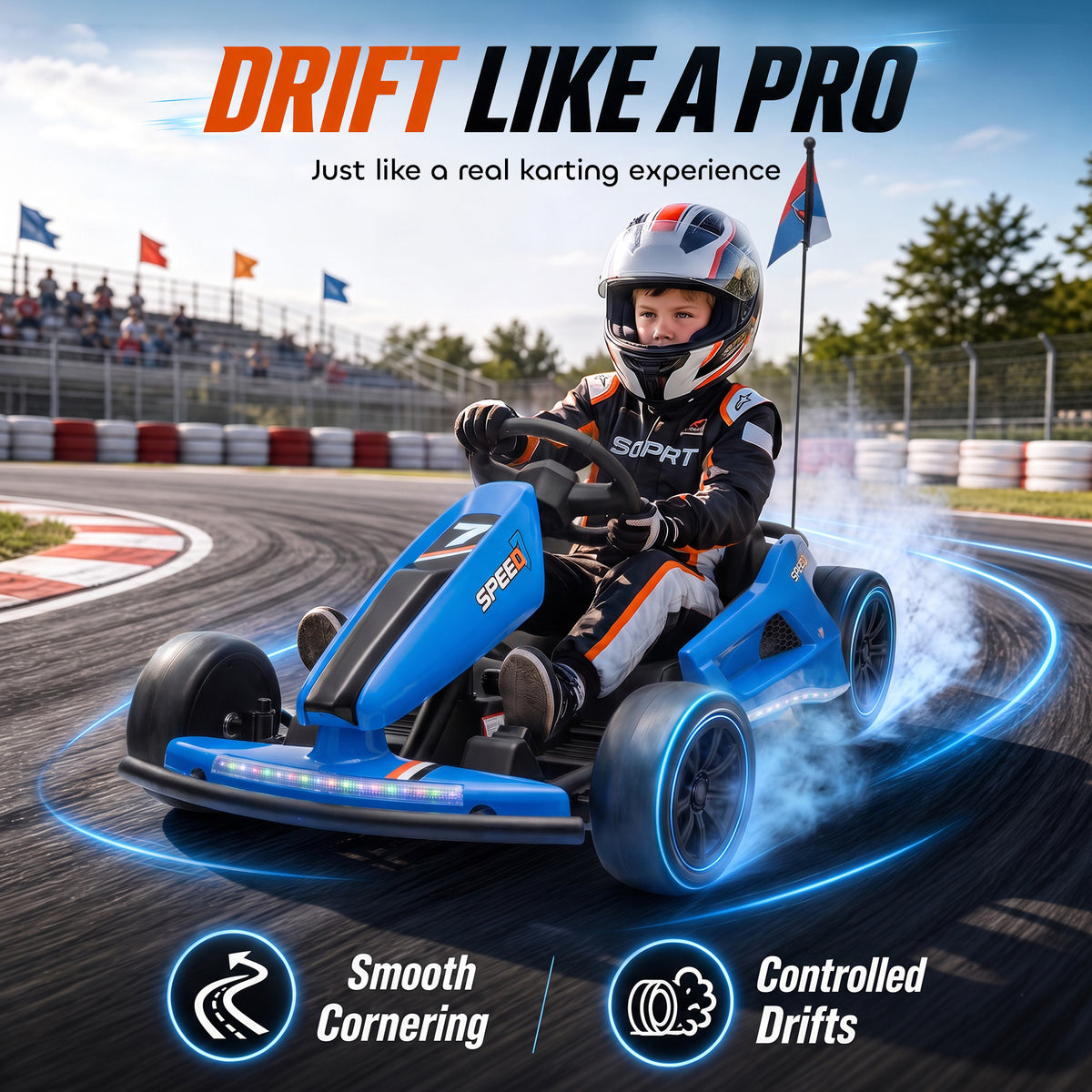 24V Electric Drift Go Kart for Kids with Dual Motors, Soft Start, PU Wheels, 7.5MPH High Speed, for Ages 6-14, Blue