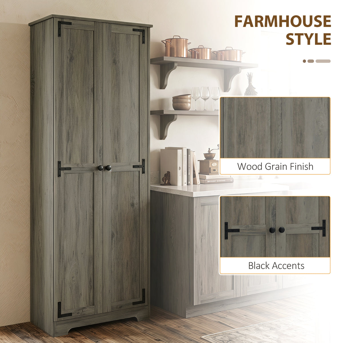 67" Farmhouse Pantry Cabinet, Freestanding Food Pantry Cabinet with Adjustable Shelves, Distressed Gray
