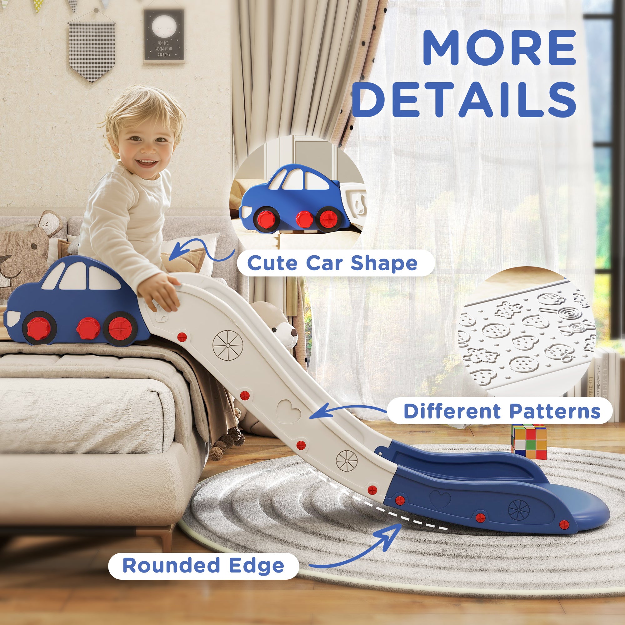 Extra Length Toddler Slide for Bed, Sofa, Easy to Assemble, Blue