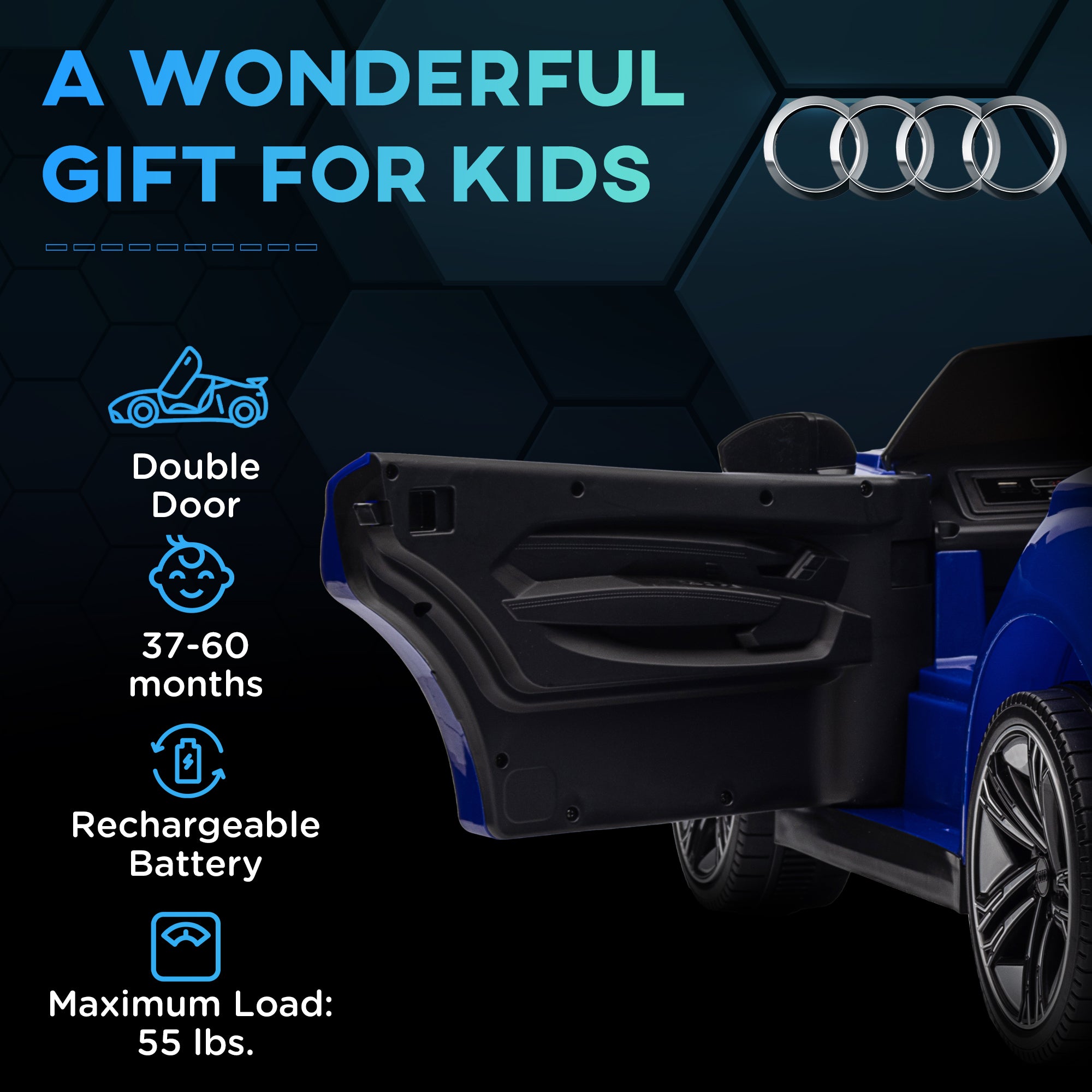 12V Licensed Audi RS E-tron GT Kids Ride on Car with Remote Control, Suspension, Horn, Music, Lights, Dark Blue