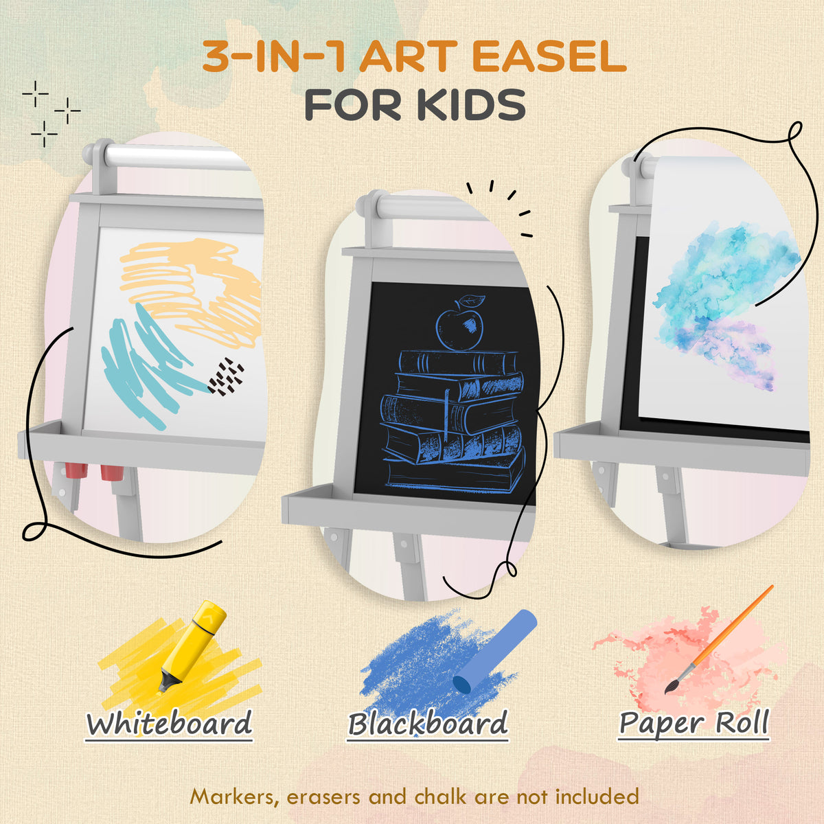 Qaba Double Sided Easel for Kids, Standing Toddler Easel with Paper Roll, Magnetic Whiteboard, Chalkboard & Storage, Gray