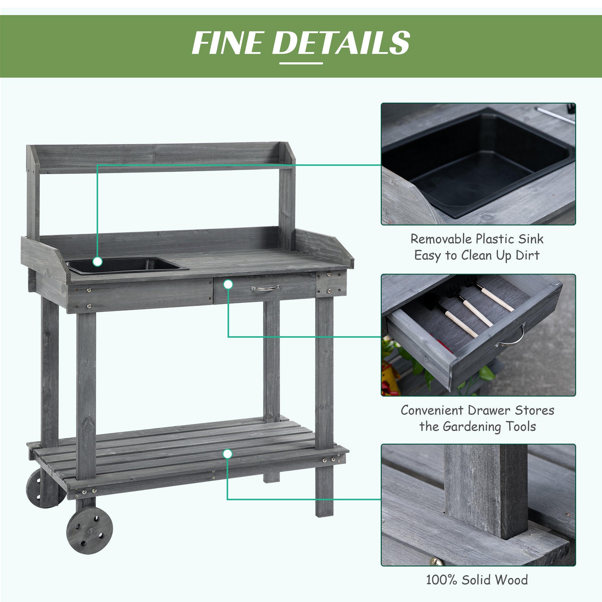 36" Wooden Potting Bench Work Table with 2 Removable Wheels, Garden Workstation with Removable Sink, Drawer & Large Storage Spaces, Gray - Gray - Image 5