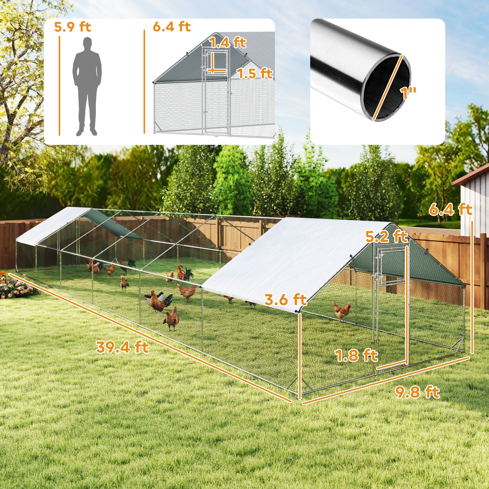 Large Chicken Coop with Waterproof and Anti-UV Cover, Spire Shaped for Outdoor and Yard Farm Use, 39' x 10' x 6.4' - Silver - Image 3