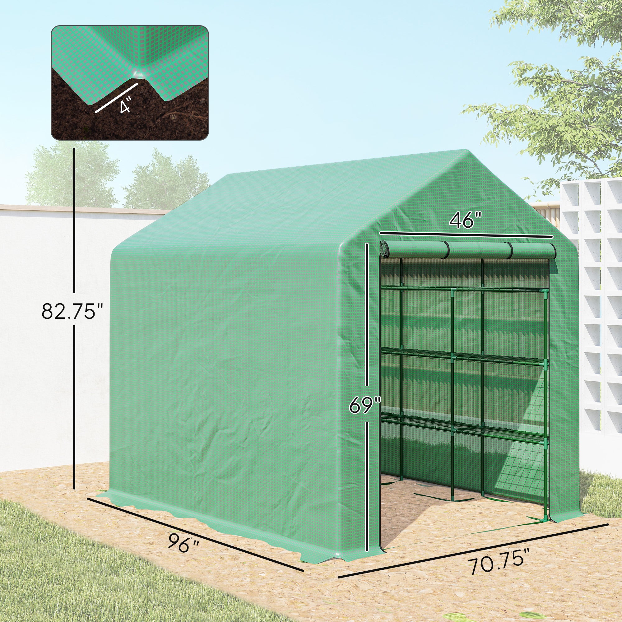 Outdoor Walk-in Greenhouse with Roll-up Zipper Door, 18 Shelves, PE Cover, 95.25" x 70.75" x 82.75", Green - Green - Image 3