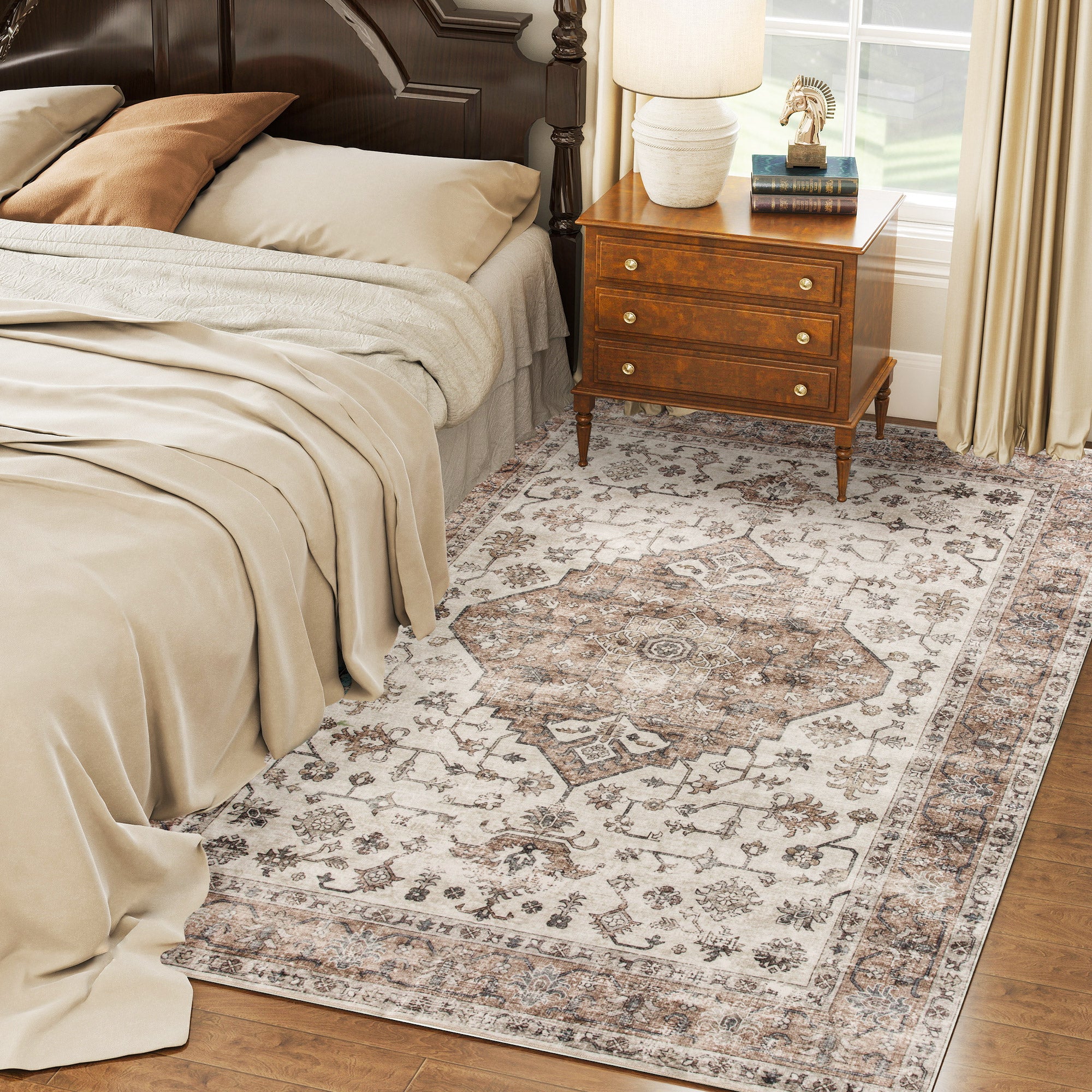 5x7 Area Rug, Vintage Machine Washable Rug, Non-Slip Floor Carpet for Living Room, Bedroom, Dining Room, Tan