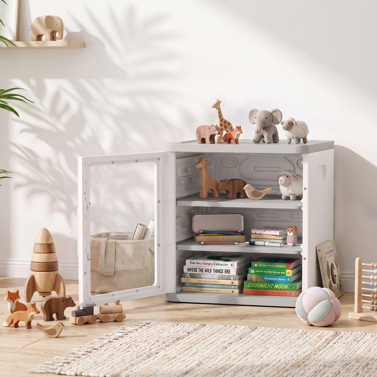 Toy Storage Organizer, 3 Tier Adjustable Toy Storage Cabinet Dustproof HDPE Plastic, Transparent Door, White