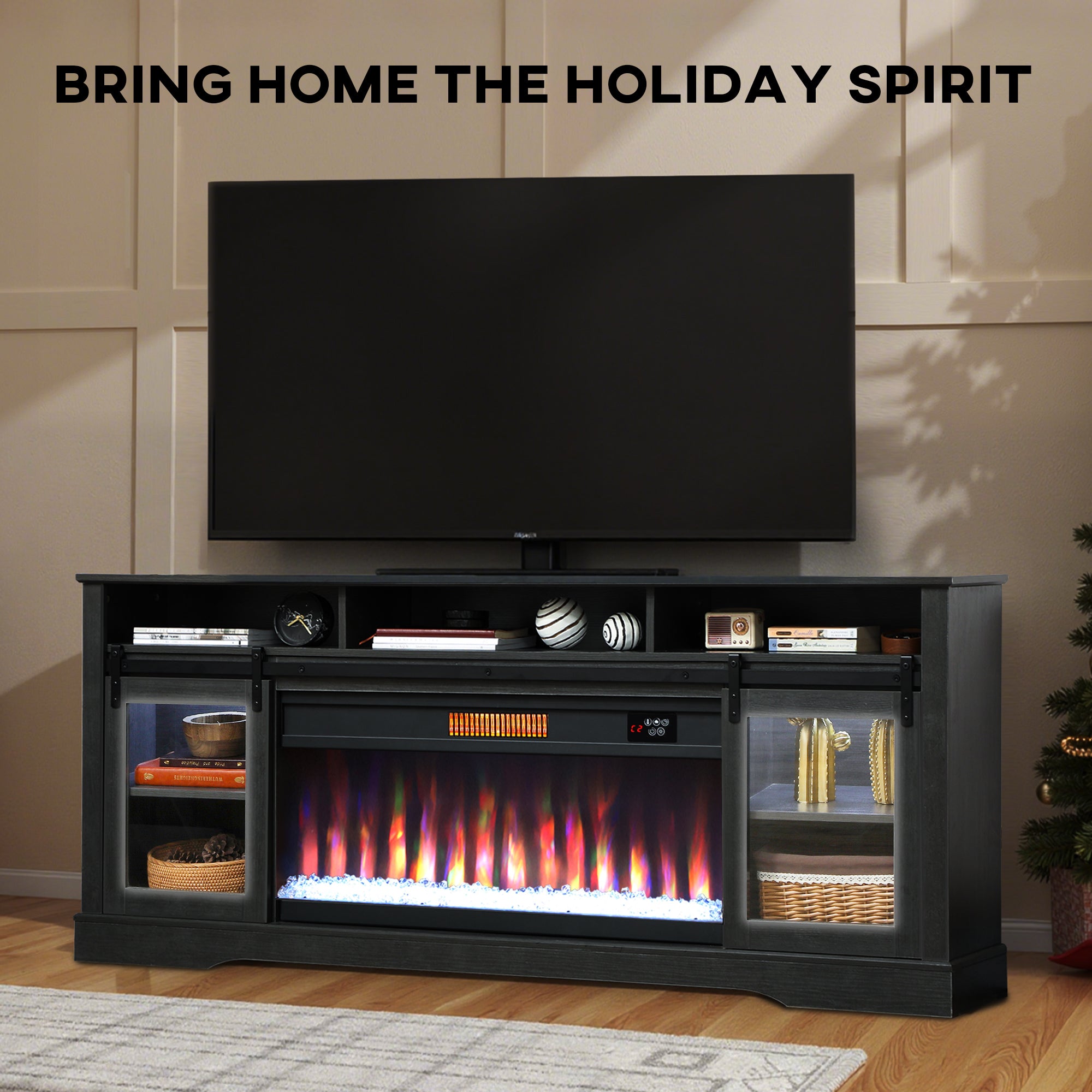Fireplace TV Stand for TVs Up to 80 Inch, TV Console with Electric Fireplace, Open Storage and Side Cabinets, Gray