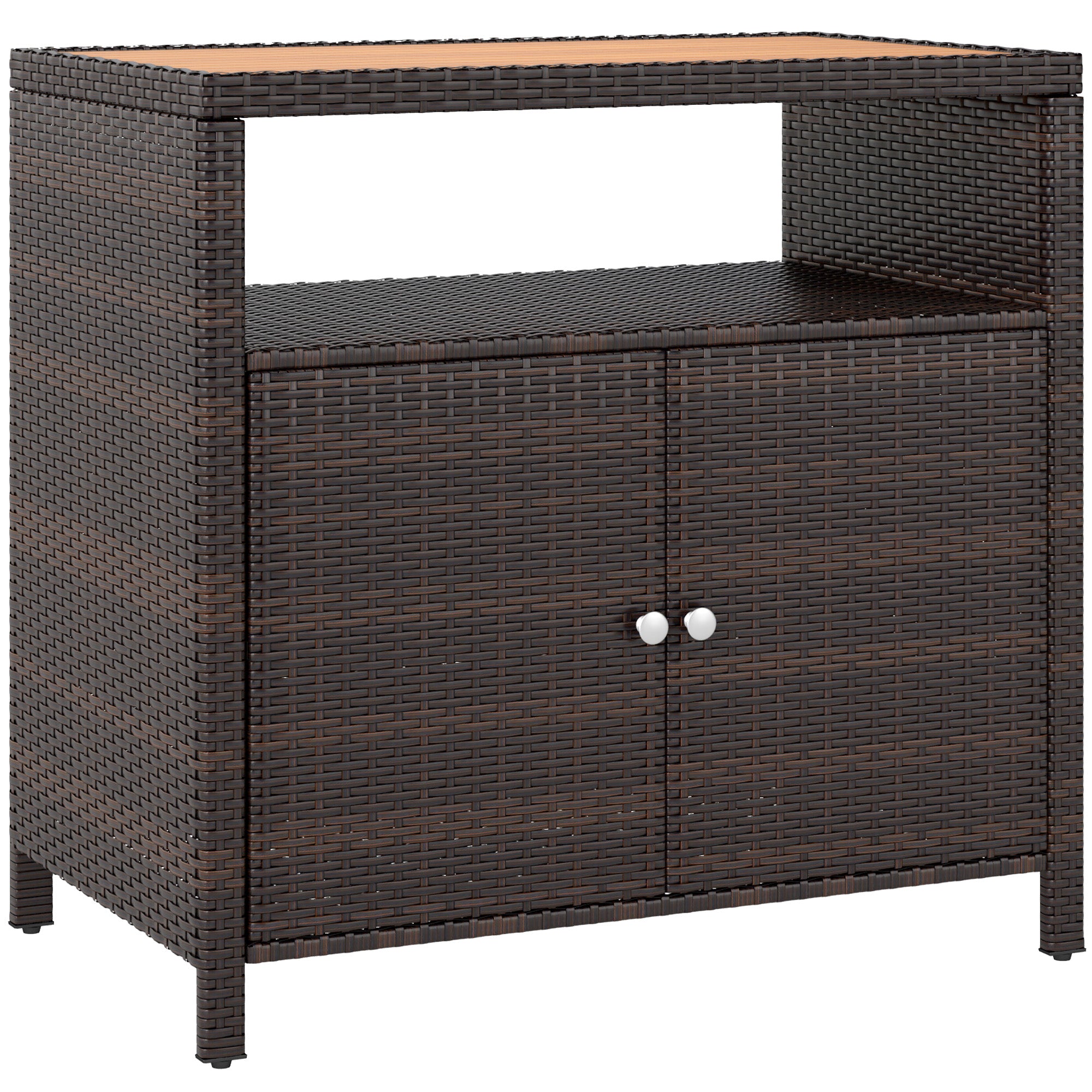 Outdoor Storage Cabinet with Acacia Wood Top, Two Doors, Shelf, Wicker Bar Table for Pool Towel Storage, Brown - Brown