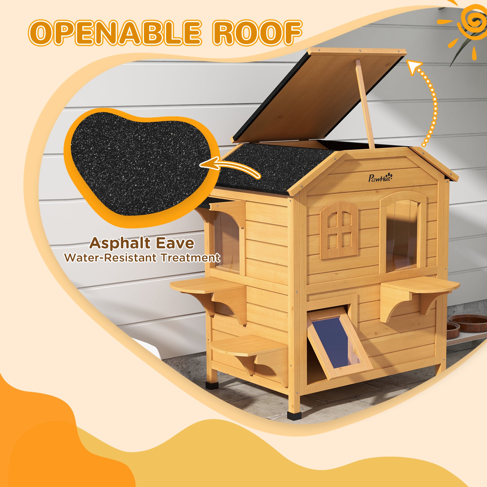 2-story Cat House Outdoor, Weatherproof Wooden Cat Enclosure for Feral Cats with Escape Door, Openable Roof, Jumping Platforms, Natural - Natural Wood - Image 4