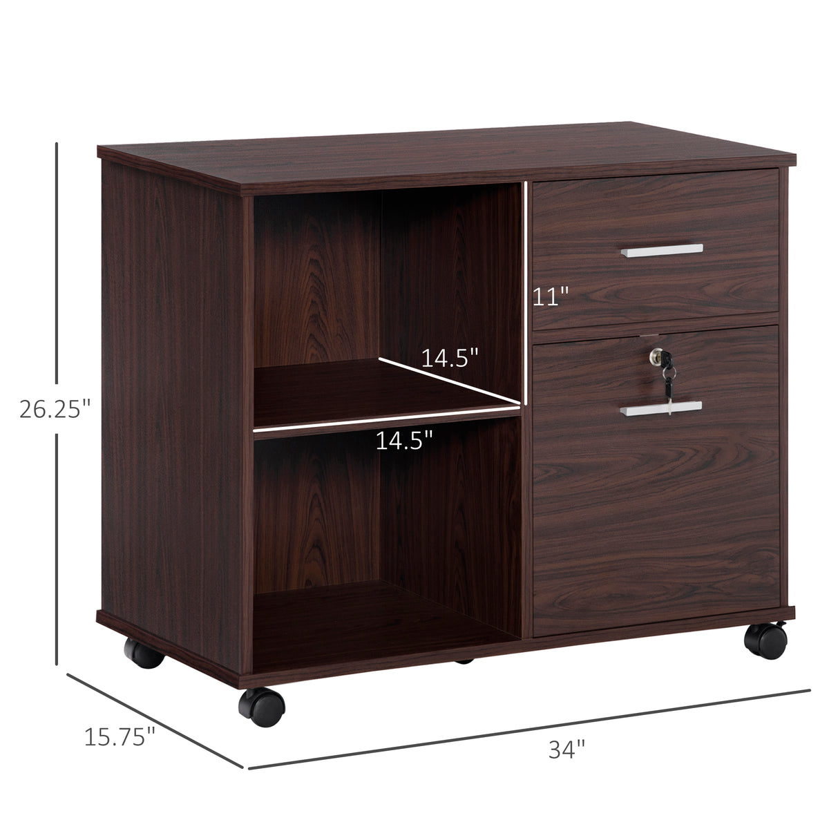 Lateral File Cabinet with Wheels, Mobile Printer Stand with Open Shelves and Drawers for A4 Size Documents, Walnut