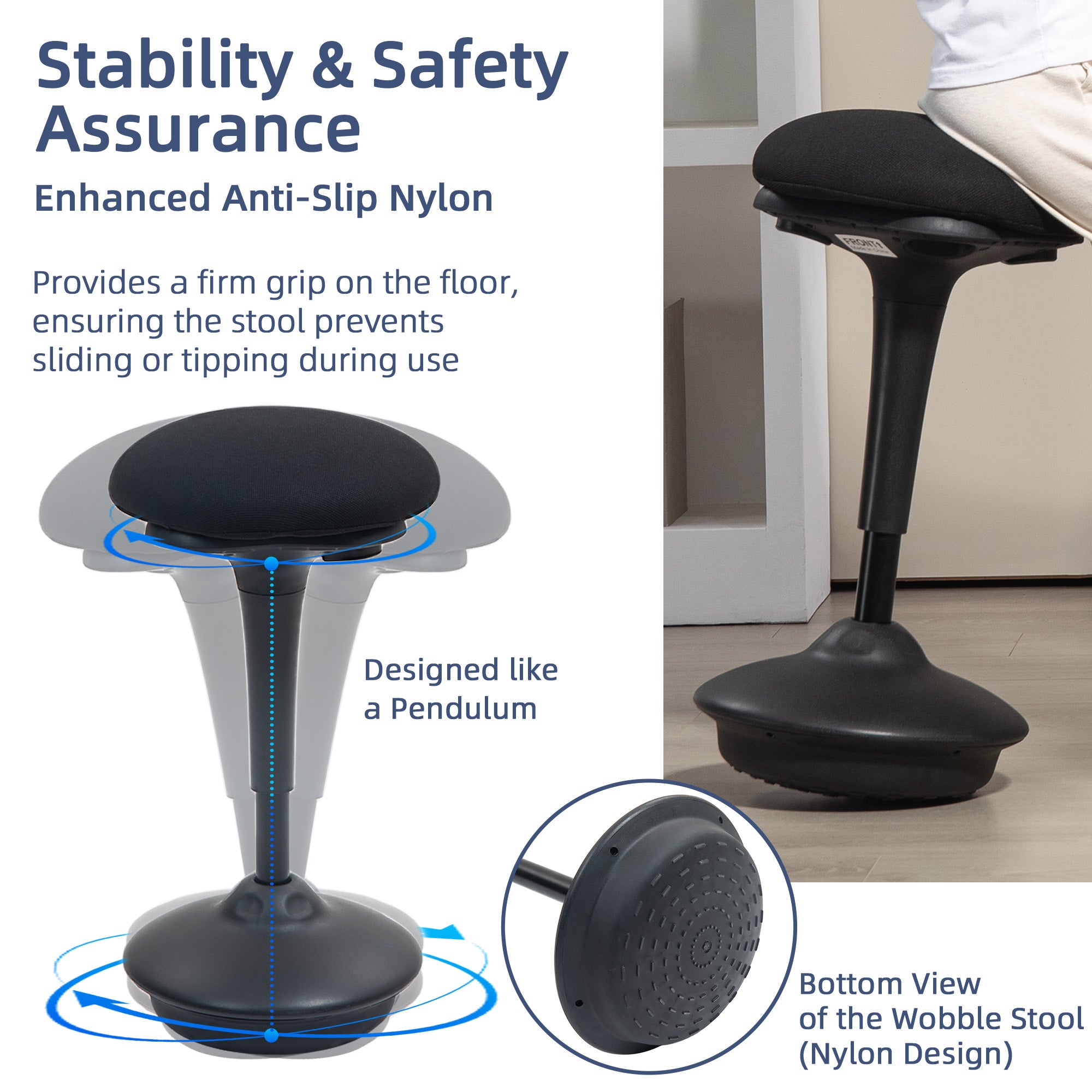 Backless Wobble Chair, Adjustable Active Ergonomic Stool Chair, with Rocking Motion, Padded, Black