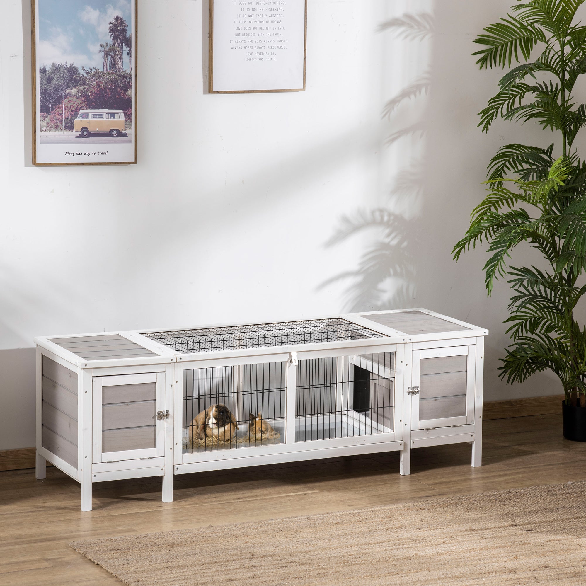 Rabbit Hutch, Bunny Cage, Guinea Pig House with Pull-Out Tray, and Divided Board for Indoor, White - White - Image 2