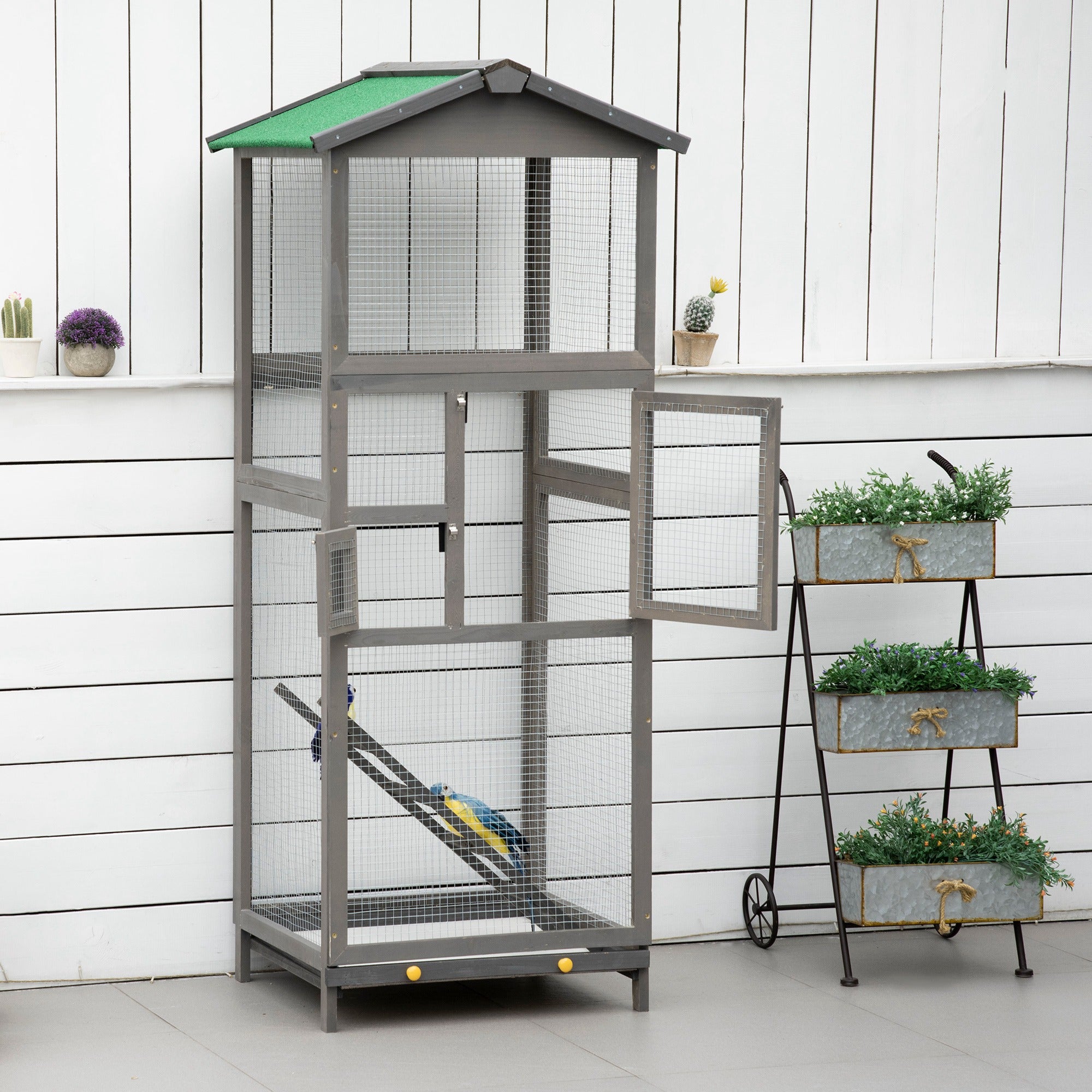 65" Wooden Bird Cage Outdoor Aviary House for Parrot, Parakeet, with Pull Out Tray and 2 Doors, Grey - Light Grey - Image 8