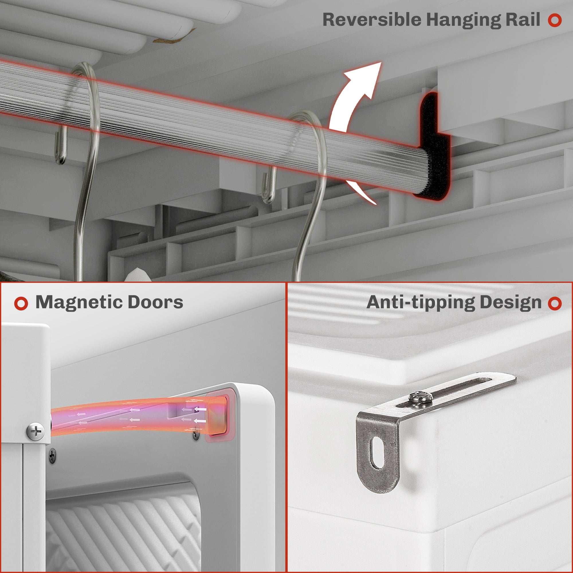 Portable Wardrobe, Foldable Clothes Storage Organizer with 3 Compartments, Hanging Rod, Magnet Doors, White