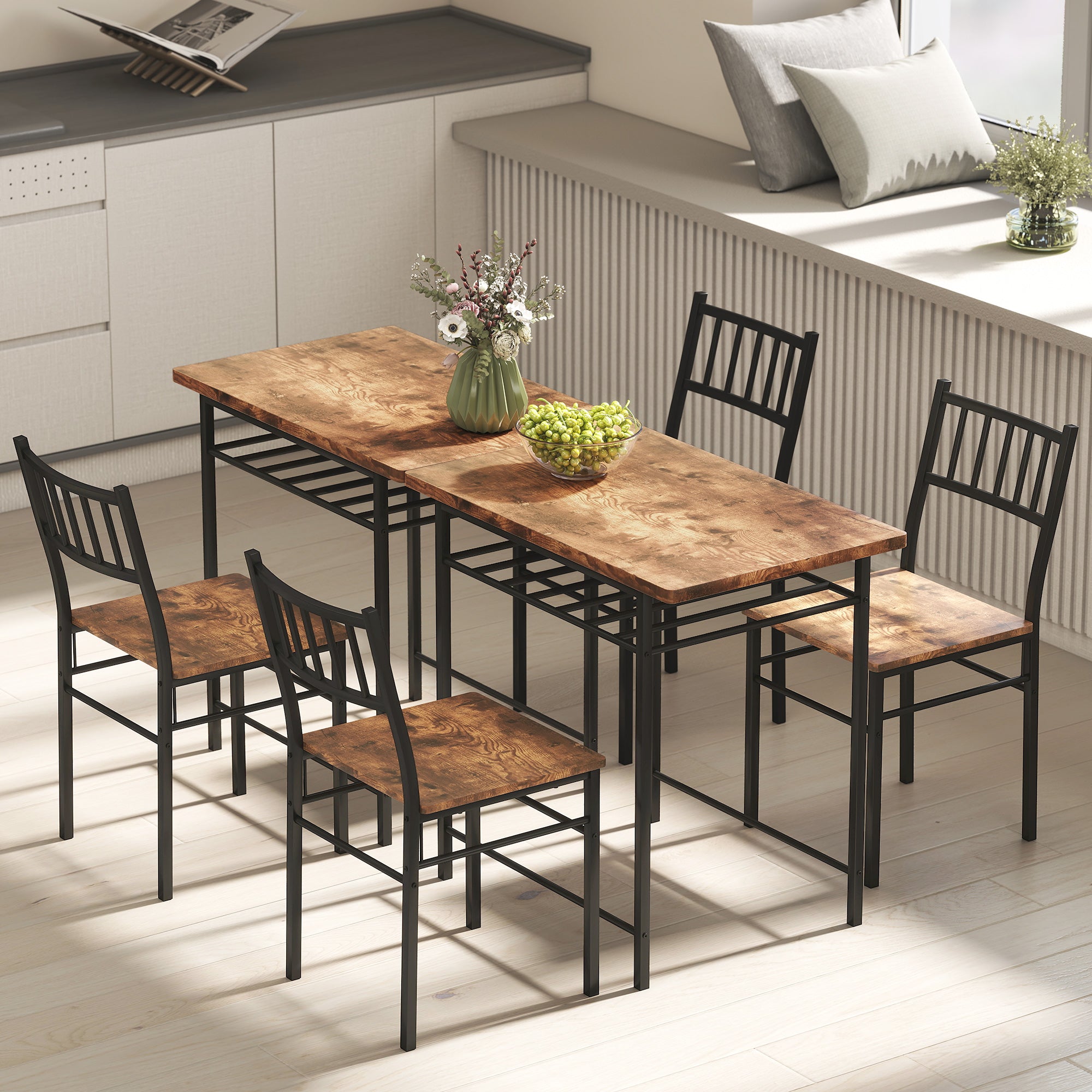 3-Piece Small Dining Table Set for 2, Kitchen Table and Chairs with Storage Rack and Steel Frame, Brown
