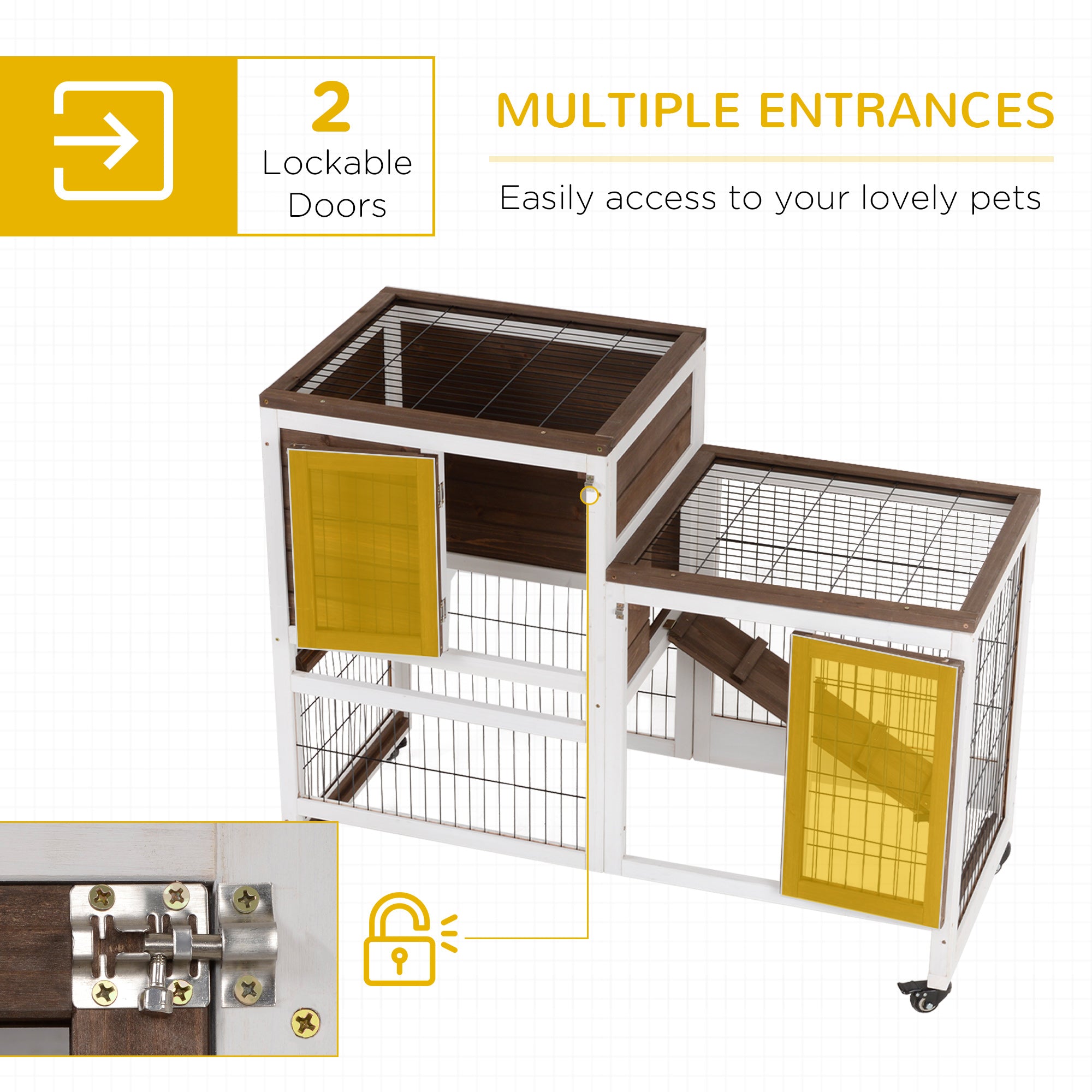 Wooden Rabbit Hutch Elevated Bunny Cage Indoor Small Animal Habitat with Enclosed Run with Wheels, Ramp, Removable Tray for Rabbits, Chickens, Ducks, Guinea Pigs, Brown - Brown - Image 5
