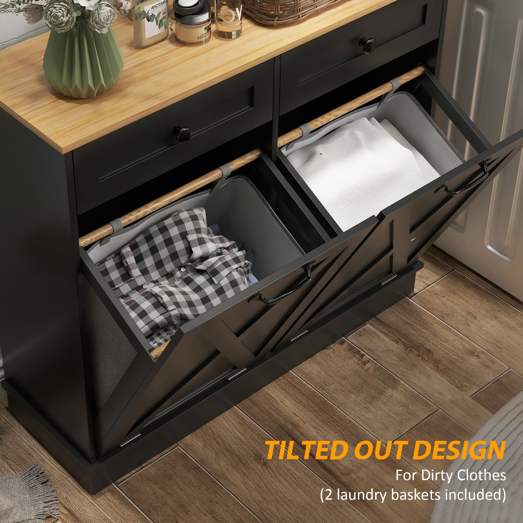 Tilt Out Laundry Hamper Cabinet, Bathroom Storage Cabinet with 2 Removable Baskets and 2 Drawers, Black