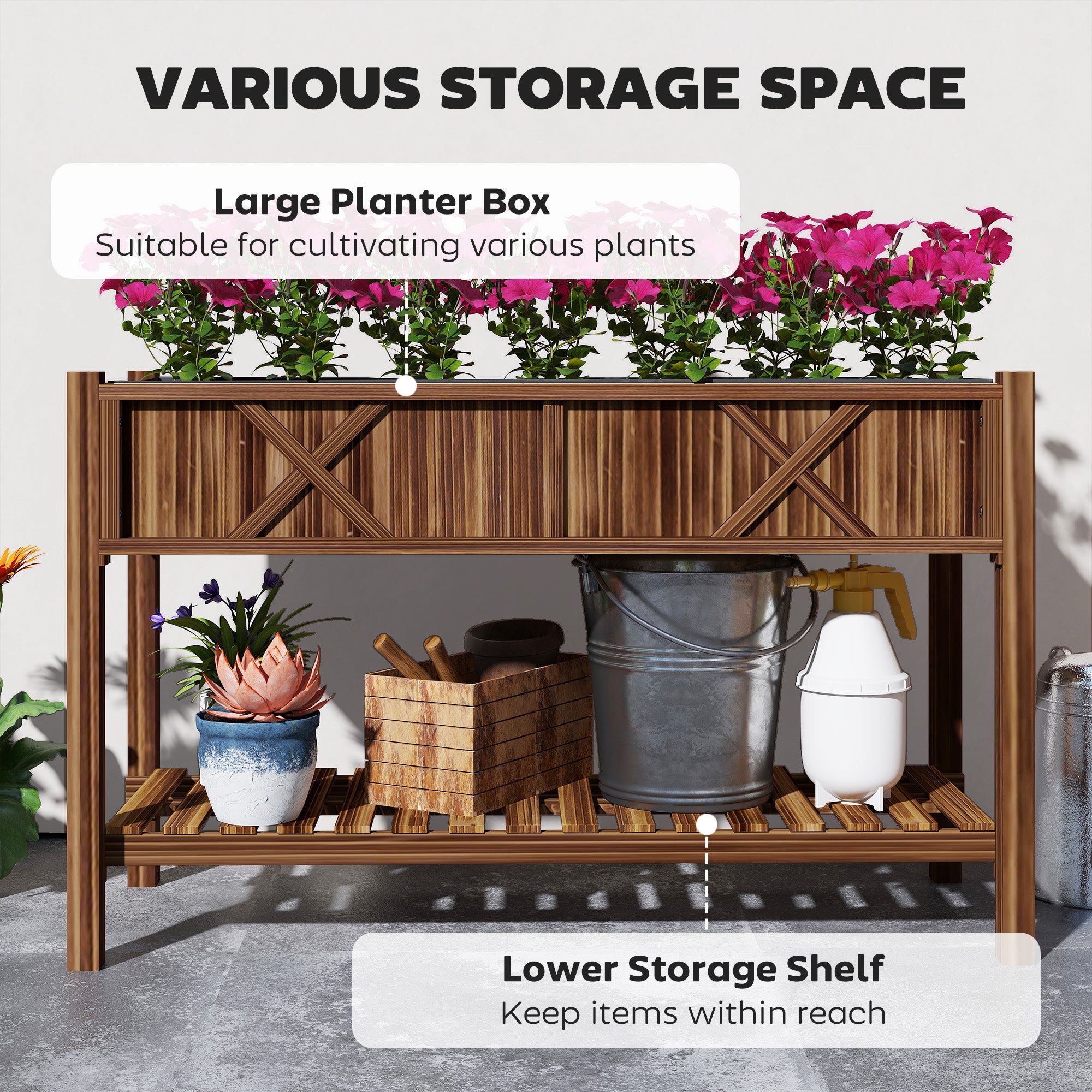 Raised Garden Bed, 47 x 22 x 31.5 in Elevated Wood Planter Box with Storage Shelf, Drainage Holes and Liner, Carbonized - Carbonized - Image 4