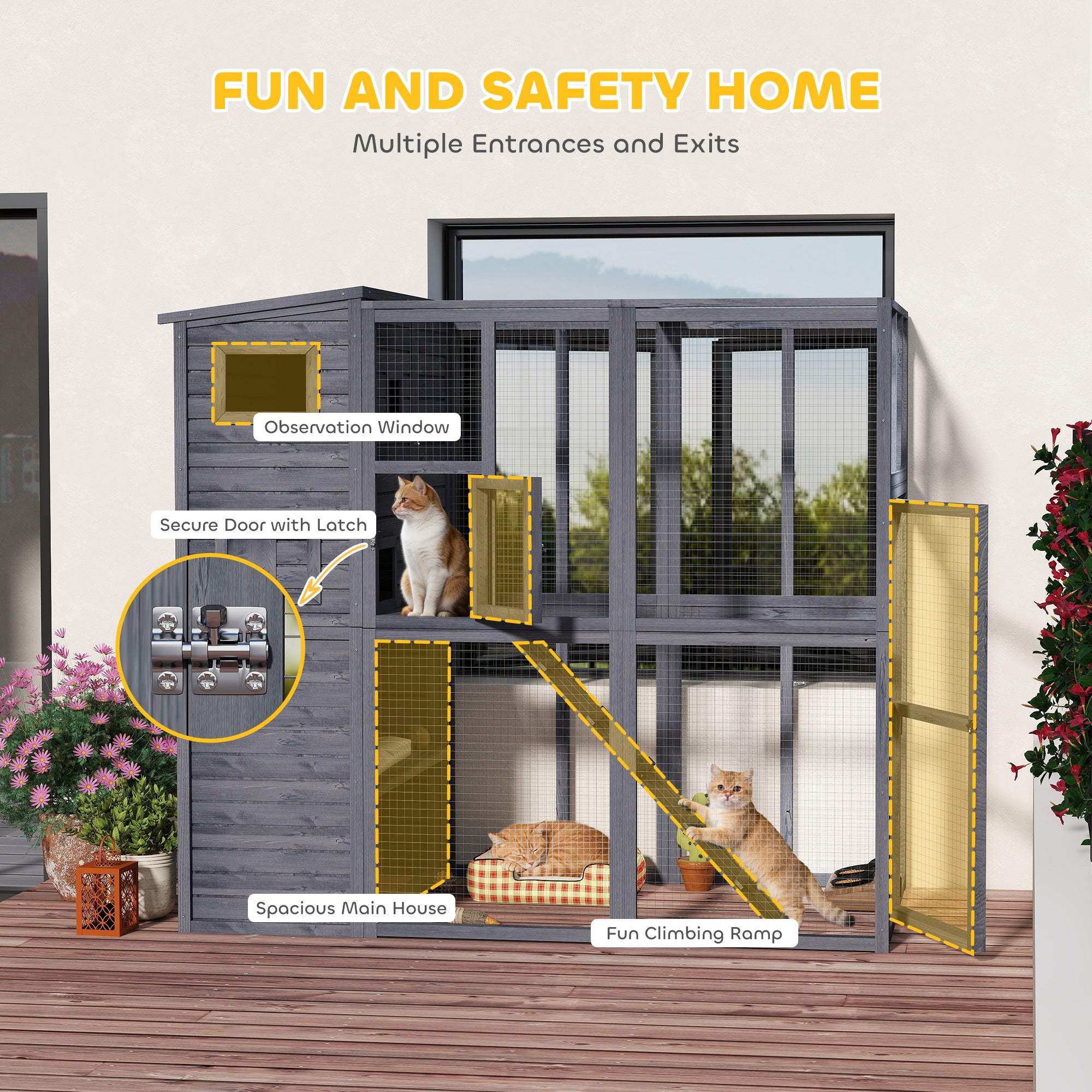 Wooden Outdoor Catio with Platforms, Asphalt Roof, Ramps, Gray - Gray - Image 7