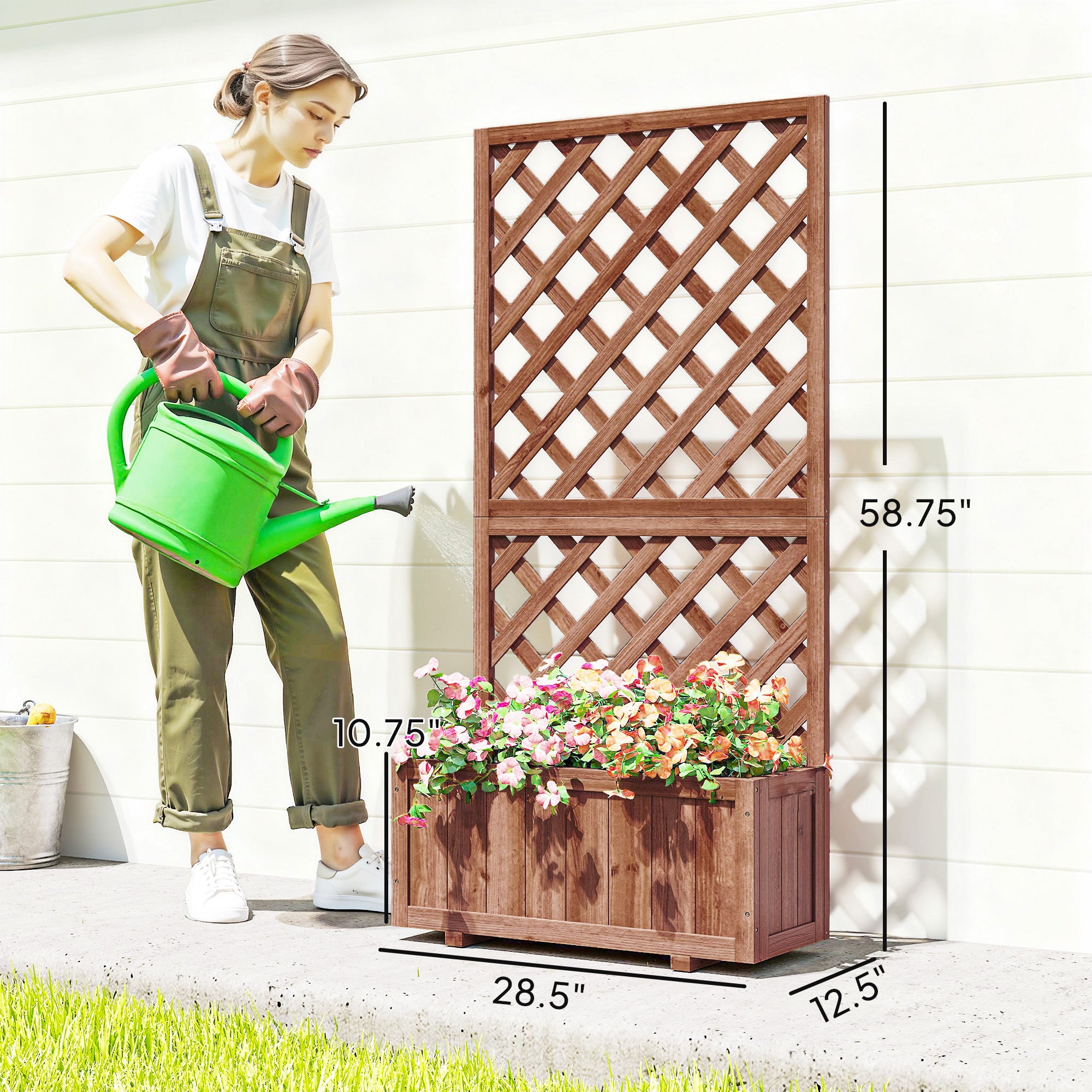 Wooden Raised Garden Bed with Trellis, 59" Outdoor Planter Box with Drainage Holes, Planter Raised Bed for Climbing Vine Plants Flowers, Orange - Orange - Image 3