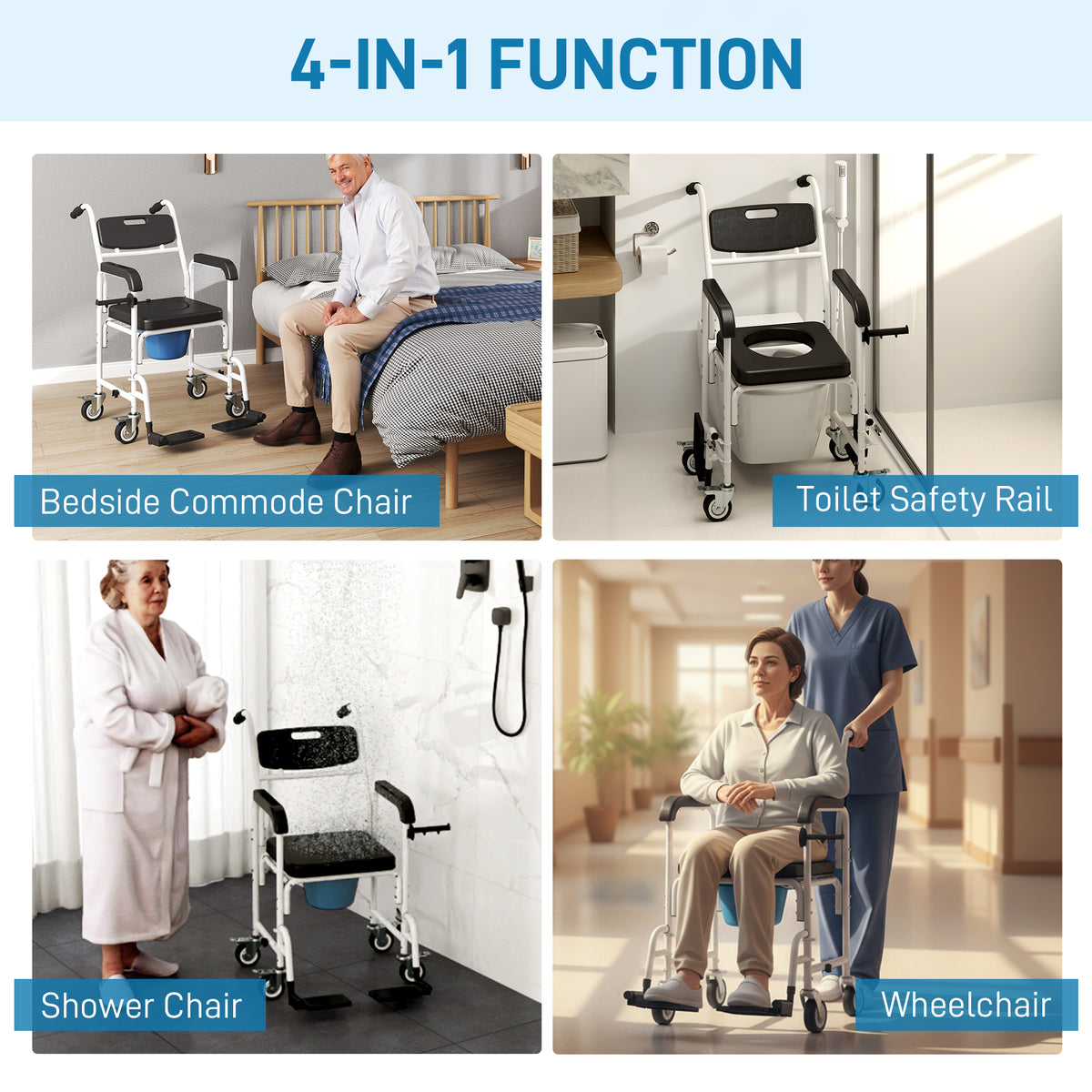 Rolling Shower Wheelchair for Seniors, Bedside Commode Chair with Locking Wheels, Seat, Backrest, Arms, Black