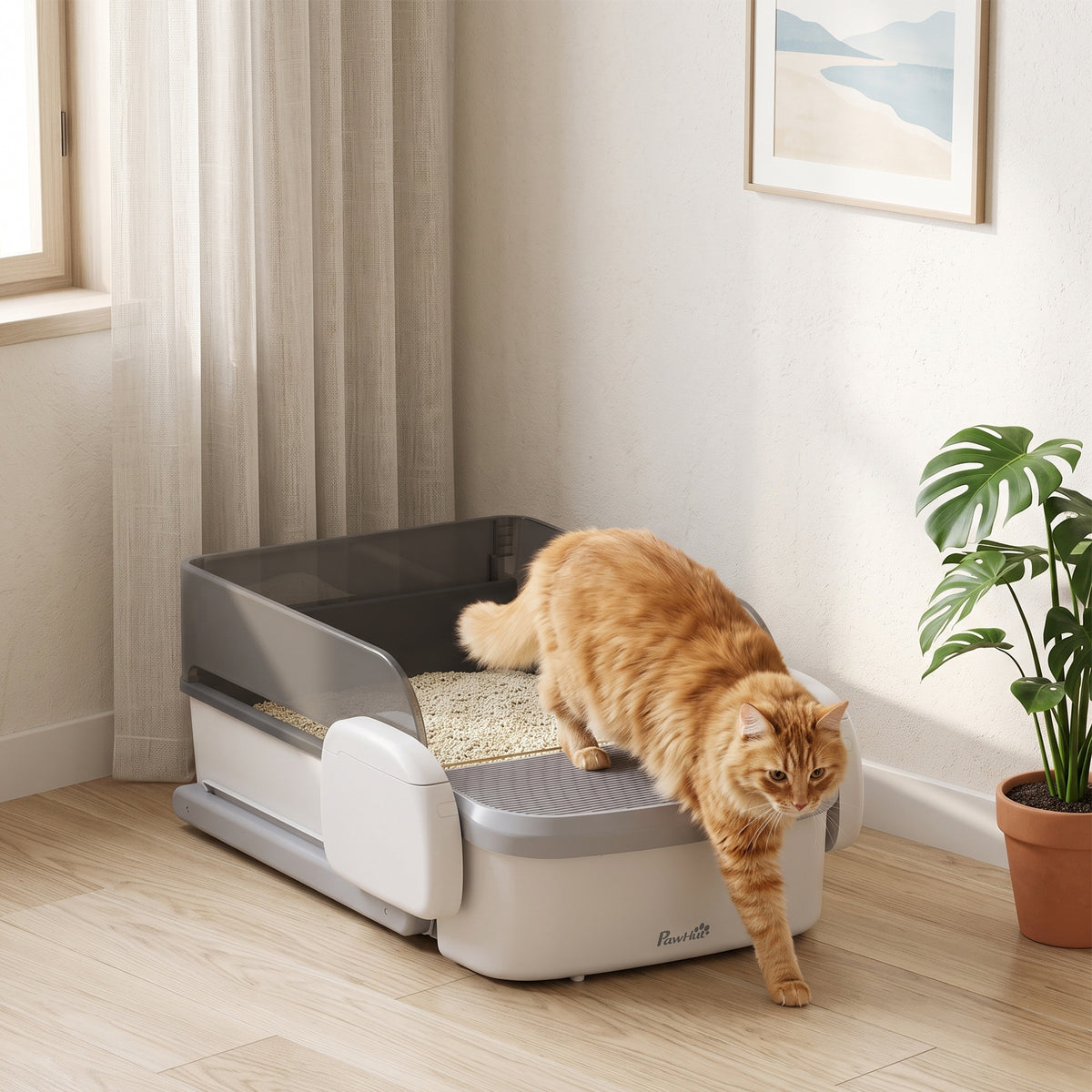 Self Cleaning Cat Litter Box, Automatic Litter Box with App Control, Open-Top, 10L Waste Bin, Gray