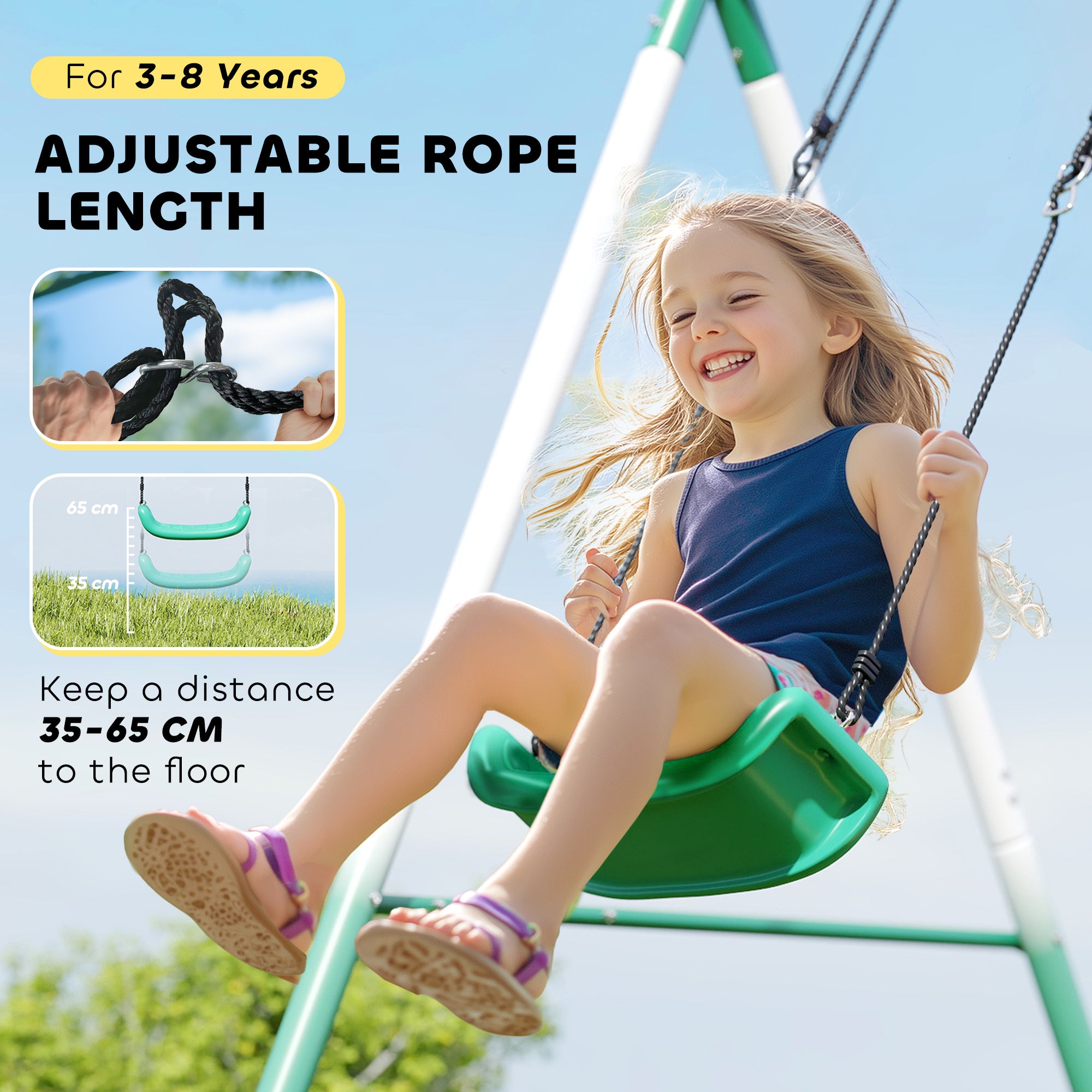Metal Swing Set with Slide, Saucer Swing Seat, Heavy Duty A-Frame Stand and Adjustable Rope for Backyard, Dark Green