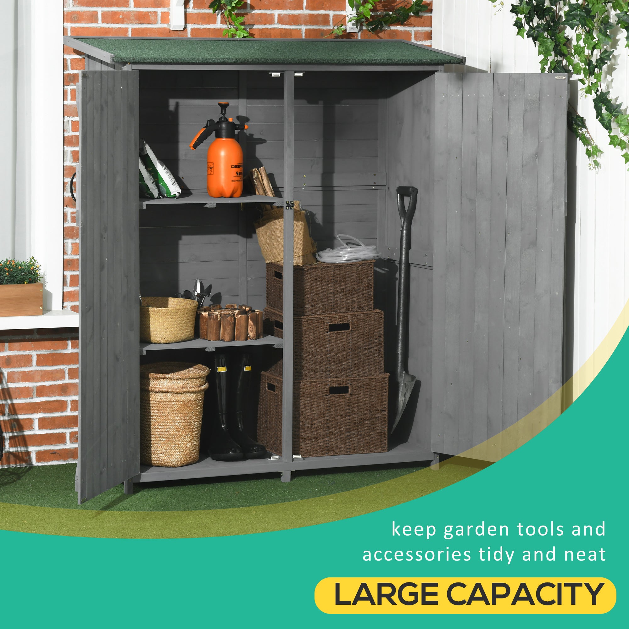 Outdoor Storage Cabinet Wooden Garden Shed Utility Tool Organizer with Waterproof Asphalt Rood, Lockable Doors, 3 Tier Shelves for Lawn, Backyard, Gray - Grey - Image 5
