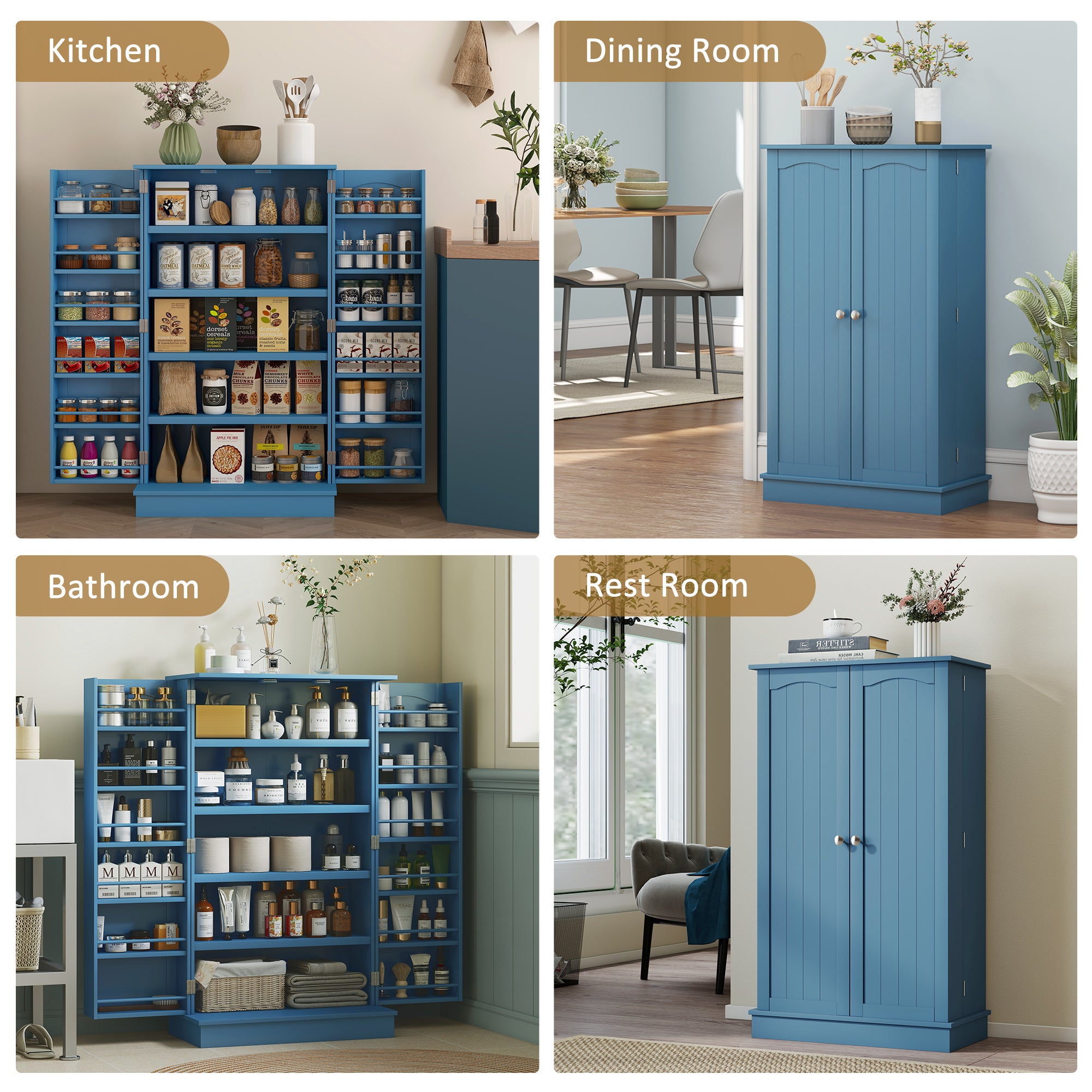 Freestanding Kitchen Pantry Cabinet, Kitchen Cabinet with 12 Door Shelves, Double Doors, 5-tier Shelving, Blue