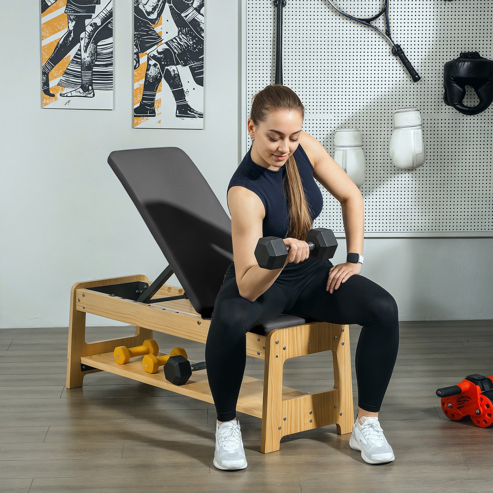 Wooden Adjustable Weight Bench with Dumbbell Rack, Flat or Incline Workout Bench for Home Gym Weight Lifting, Black