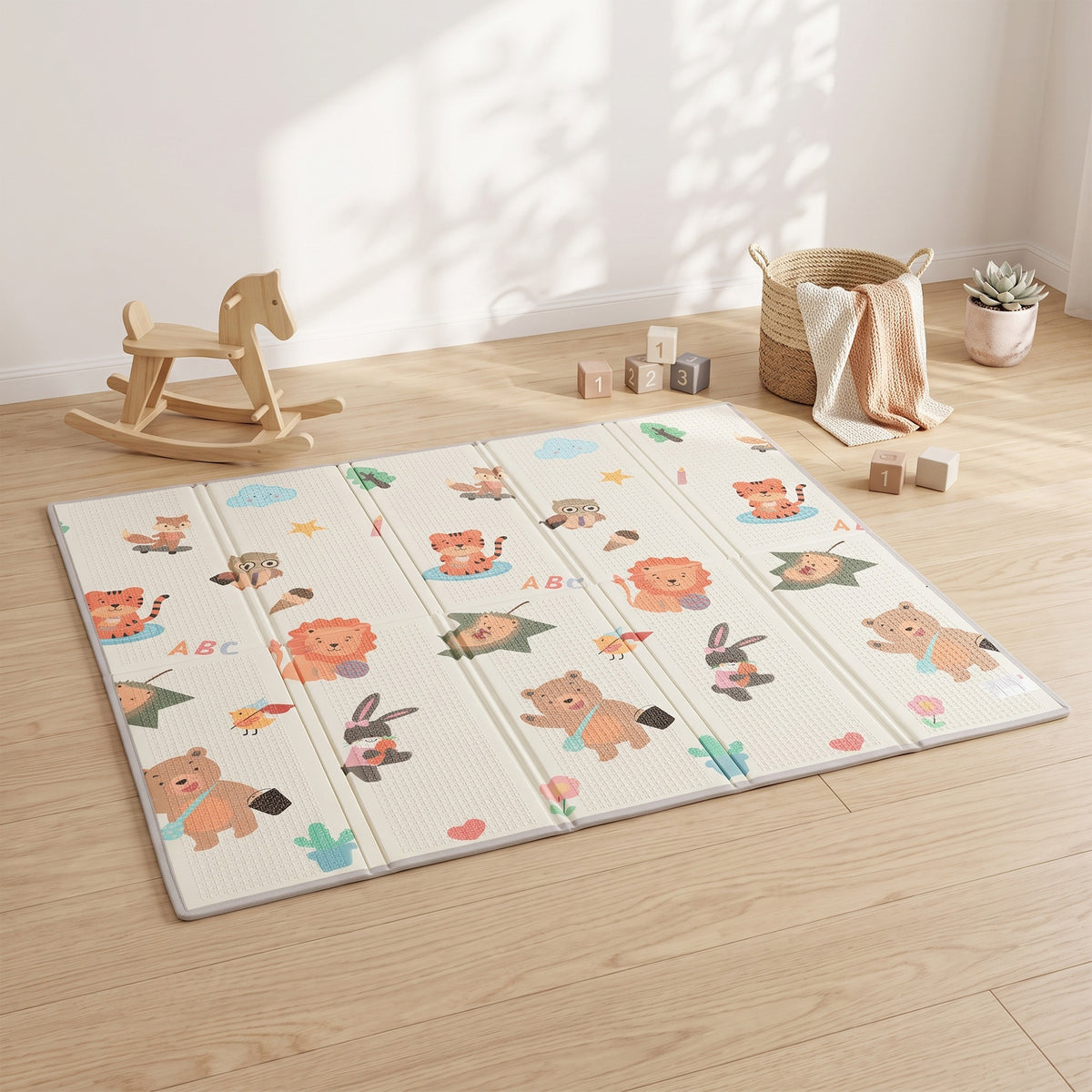 Foldable & Reversible Baby Play Mat, 79" x 71"Thick Play Mat for Floor, Waterproof Non-Slip, Giraffe & Woodland Animals