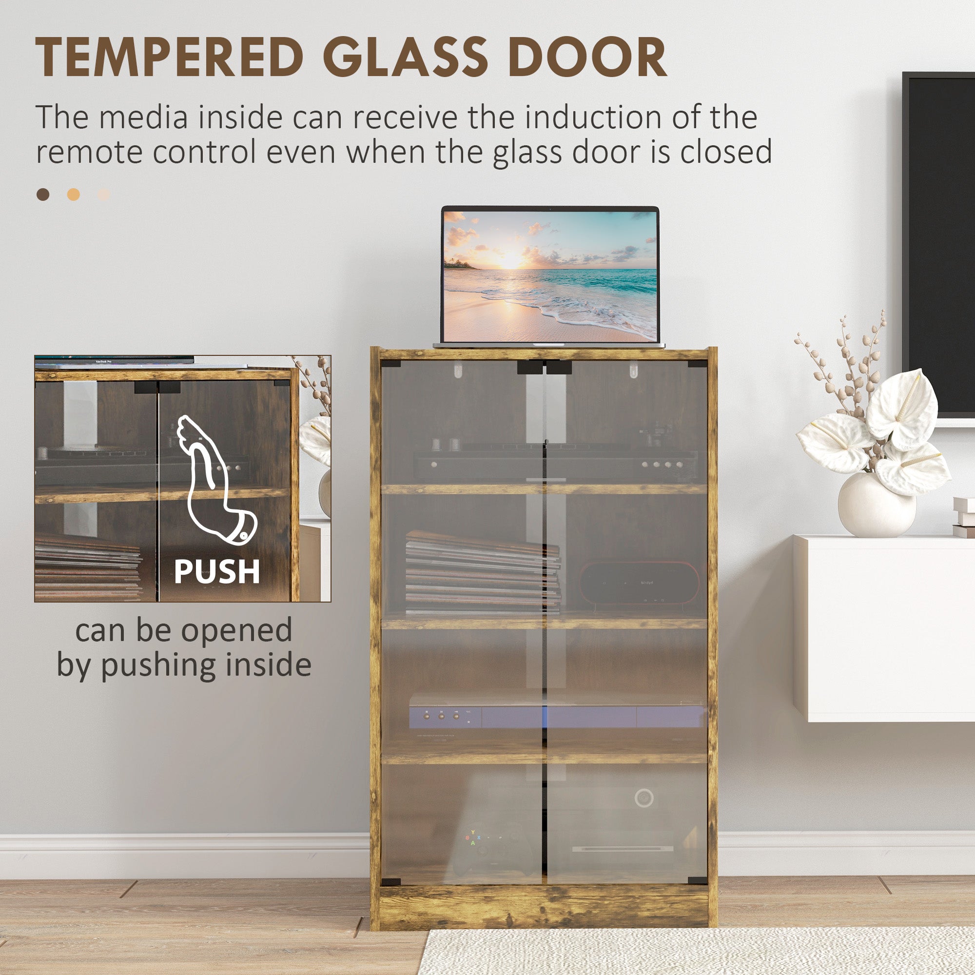 5-Tier Media Cabinet, Media Stand with Adjustable Shelves, Tempered Glass Doors, and Cable Management, Rustic Brown