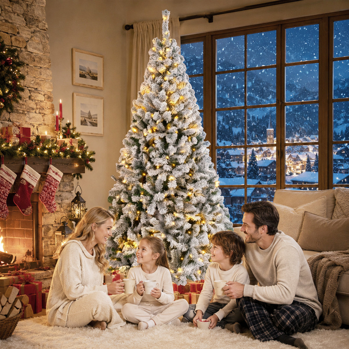 7.5ft Flocked Prelit Christmas Tree, Fraser Fir, Hinged Xmas Tree with LEDs, Foldable Metal Base, Green White