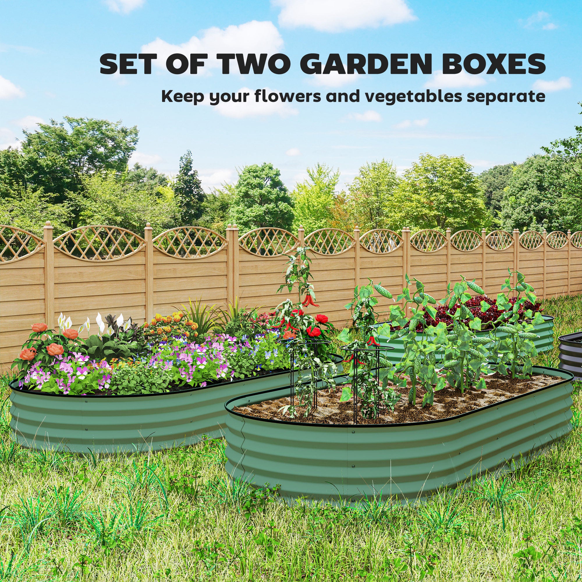 7' x 3' x 1' Raised Garden Bed Set, 2PCS Raised Beds for Gardening with Metal Plant Stakes, Green - Green - Image 4