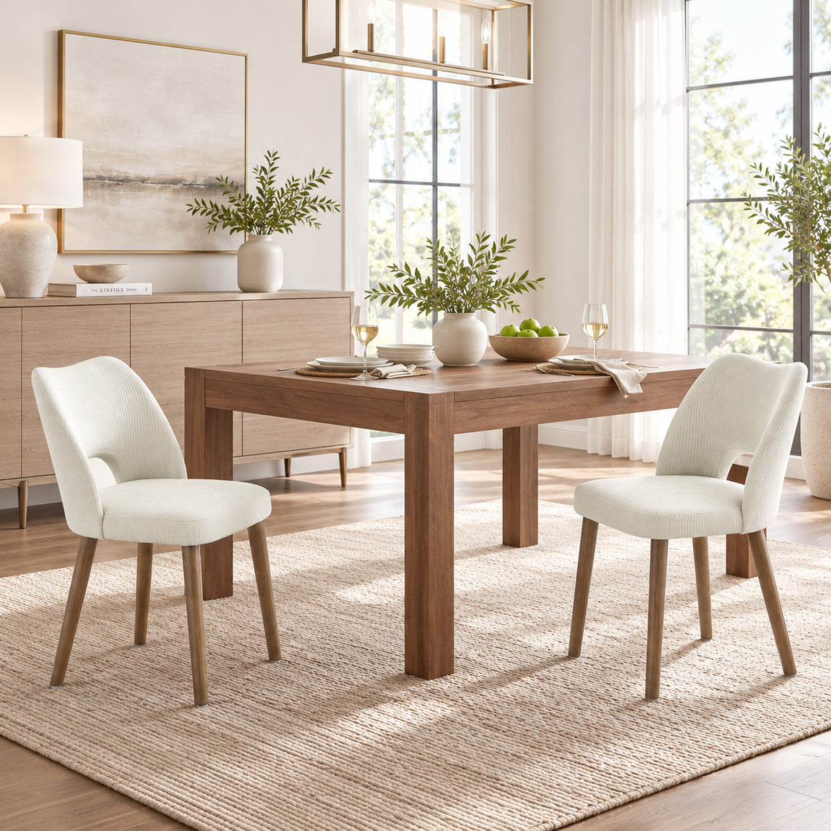 Dining Chairs Set Upholstered Kitchen Chenille Tool Free Assembly Rubberwood Legs, Cream White
